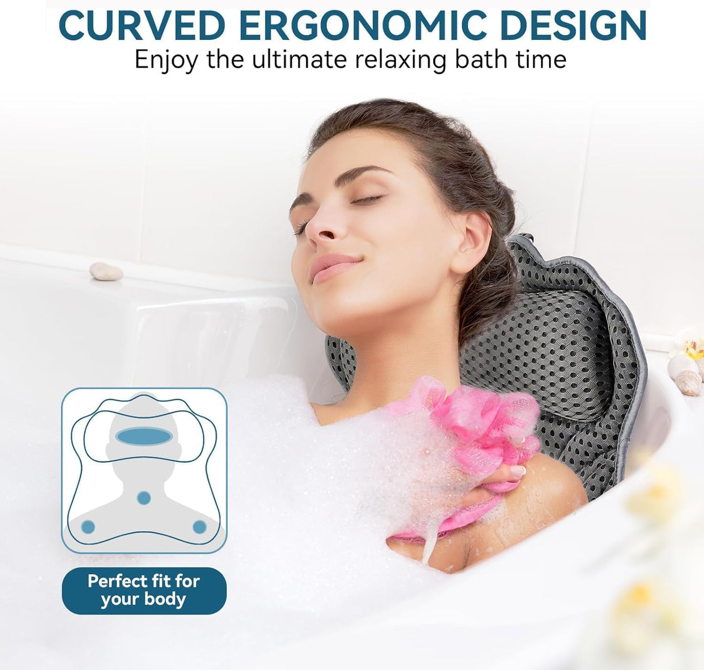 Bath Pillow, Non-Slip Bath Cushion for Head And Neck 4D Bathtub Pillow Air Mesh Headrest Cushion with Suction Cups Fits All Bathtub Spa