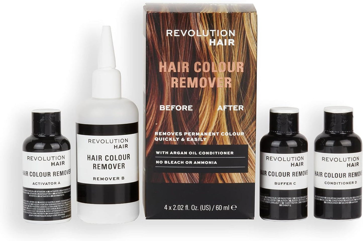 Revolution Haircare London Haircare, Hair Colour Remover, Damage Free Dye Easy to Follow 5 Step Process, Bleach and Ammonia Free, Package Contains 4 x 60 ml