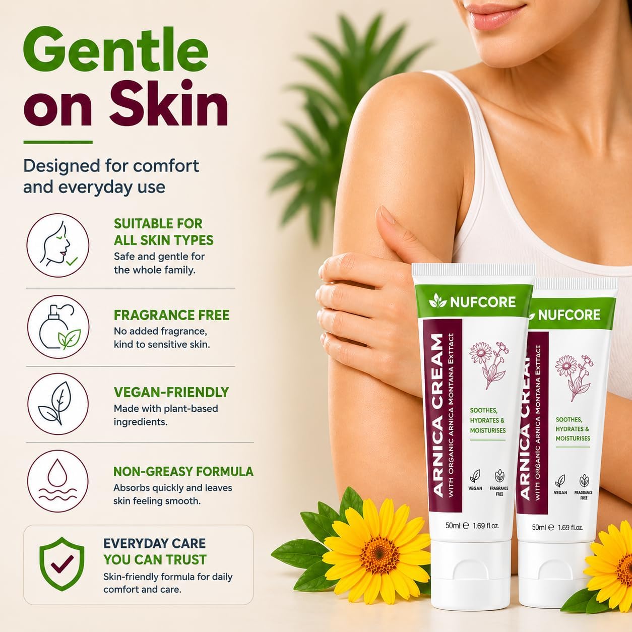 Arnica Cream – 2 x 50ml Twin Pack | Organic Arnica Montana Extract, Almond Oil & Cocoa Butter | Fast Absorbing, Soothing & Moisturising