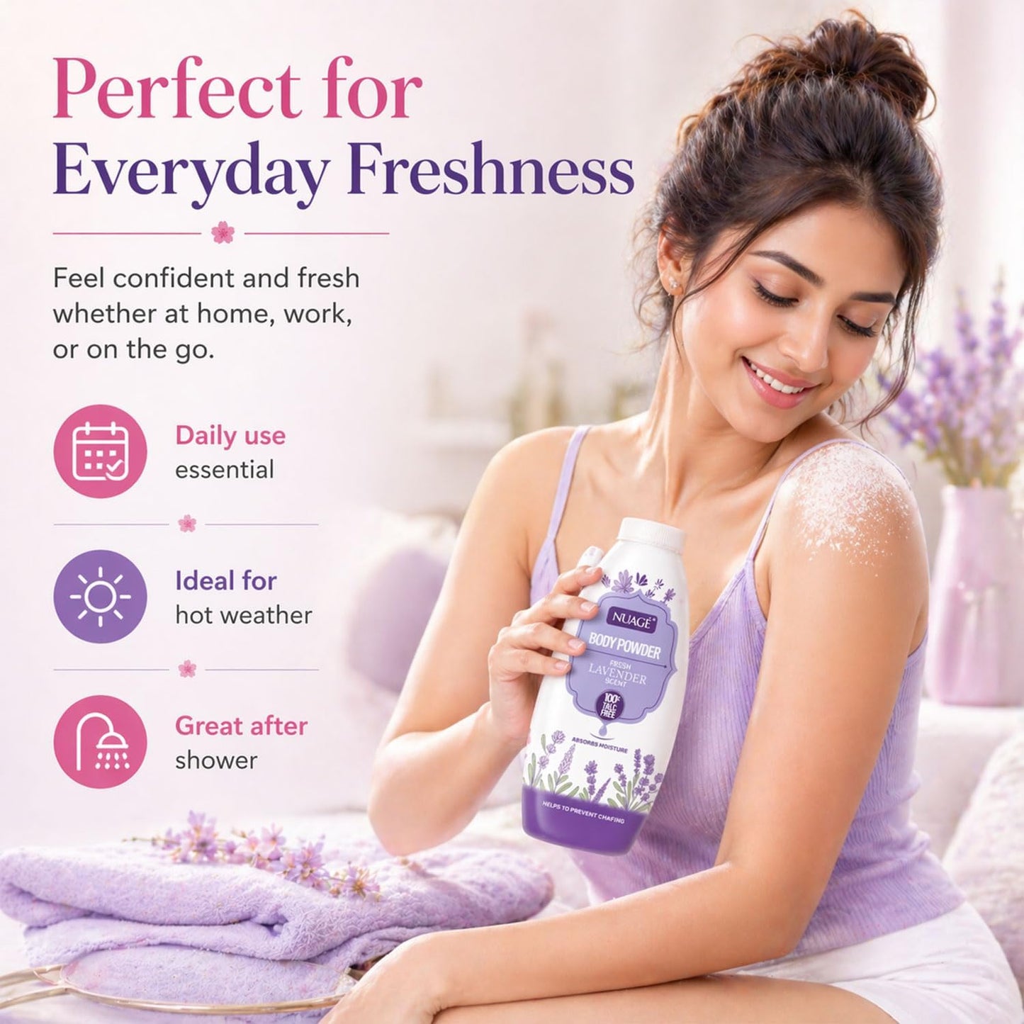 Nuage Talc-Free Body Powder 4 Pack, 250g Each – Lavender, Rose, Cherry Blossom & Waterlily, Moisture-Absorbing Fragranced Powder, Helps Prevent Chafing, Leaves Skin Soft & Smooth