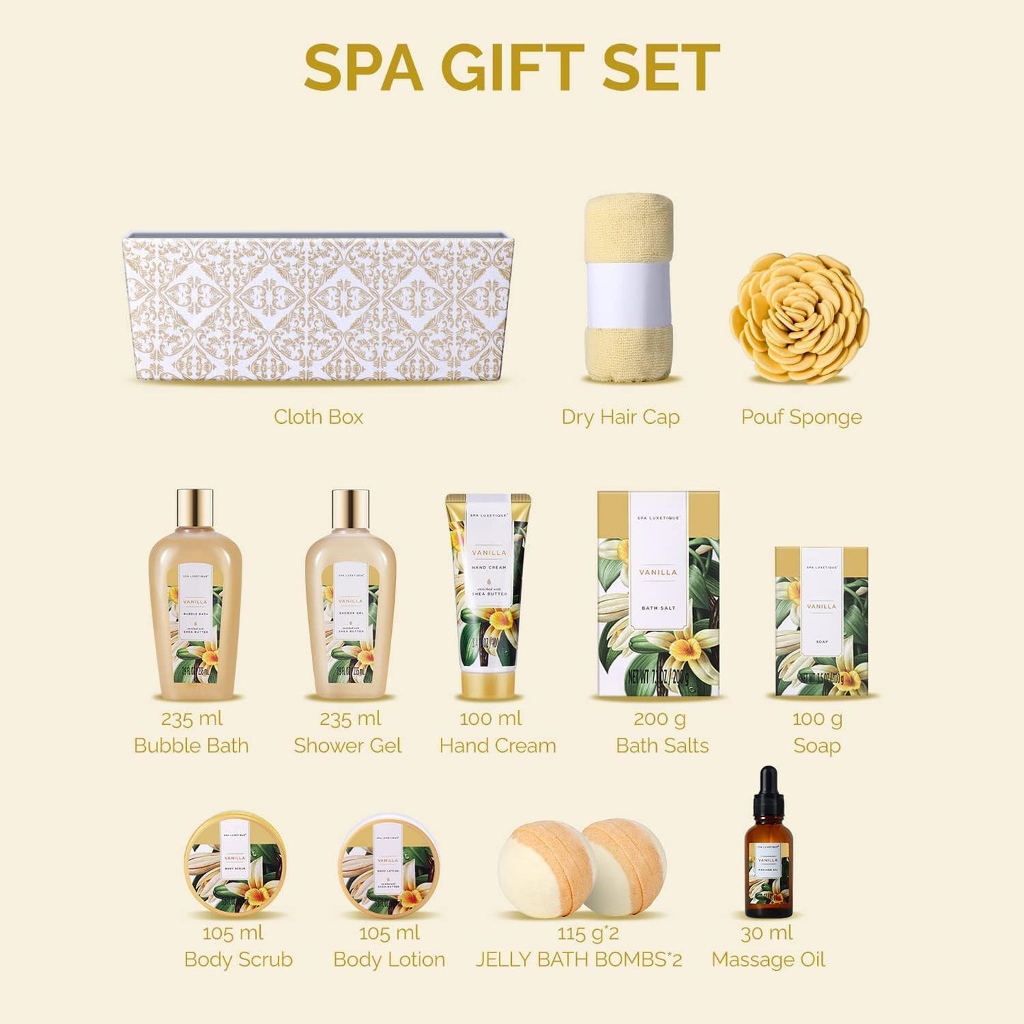 Spa Luxetique Spa Gift Set,12pcs Vanilla Shower Set, Pamper Gifts for Women, Bath Gift Set with Body Lotion, Bath Bomb, Bubble Bath, Bath Sets for Women Gifts Birthday Gifts, Mothers Day Gifts