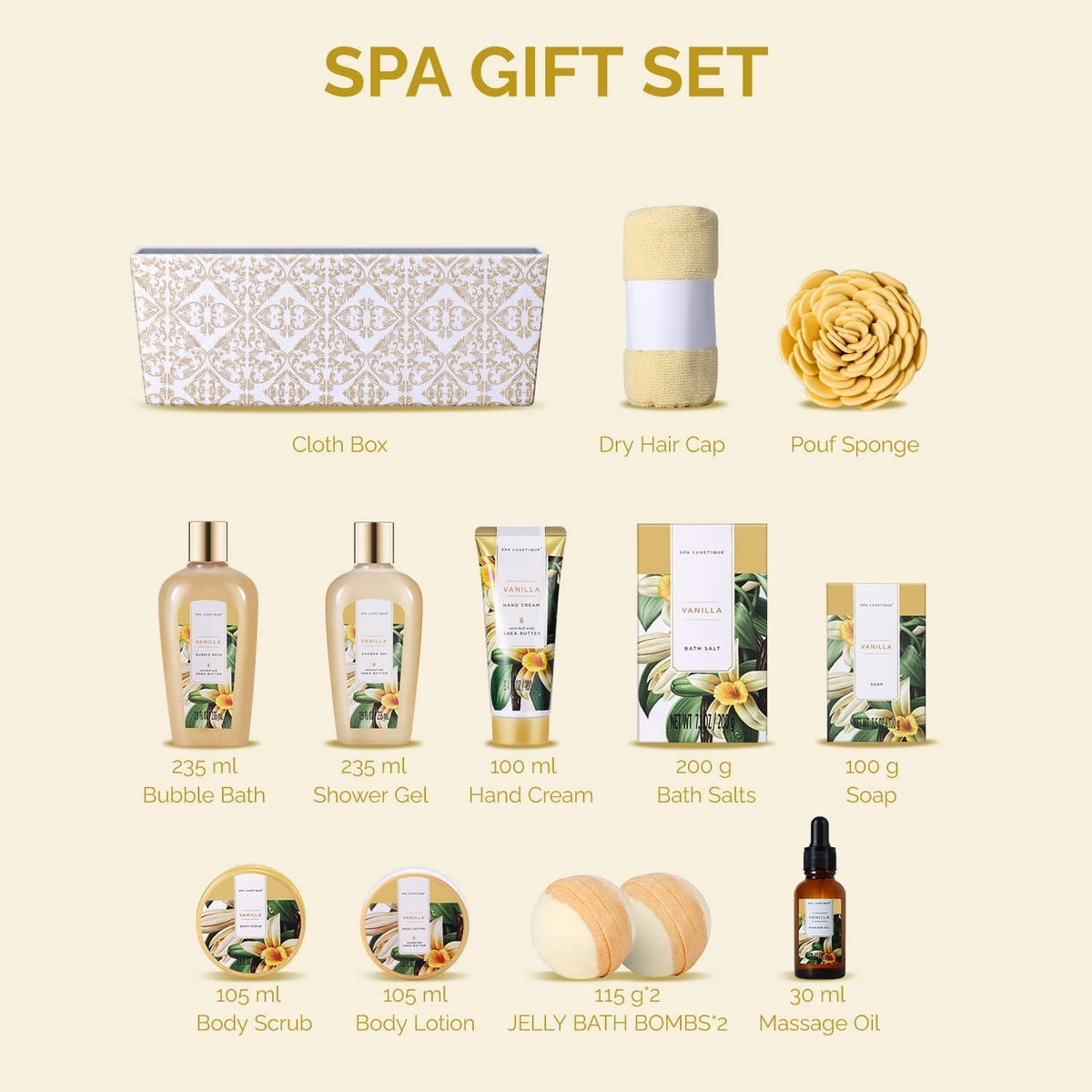 Spa Luxetique Spa Gift Set,12pcs Vanilla Shower Set, Pamper Gifts for Women, Bath Gift Set with Body Lotion, Bath Bomb, Bubble Bath, Bath Sets for Women Gifts Birthday Gifts, Mothers Day Gifts