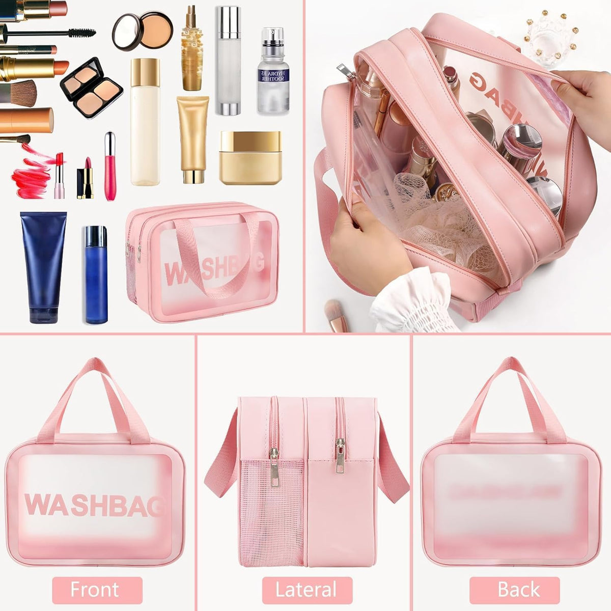 Clear Toiletry Bag, Wet Dry Separation PVC Makeup Cosmetic Bag, Large Capacity PVC Wash Bags with Handles for Women Girls Pink