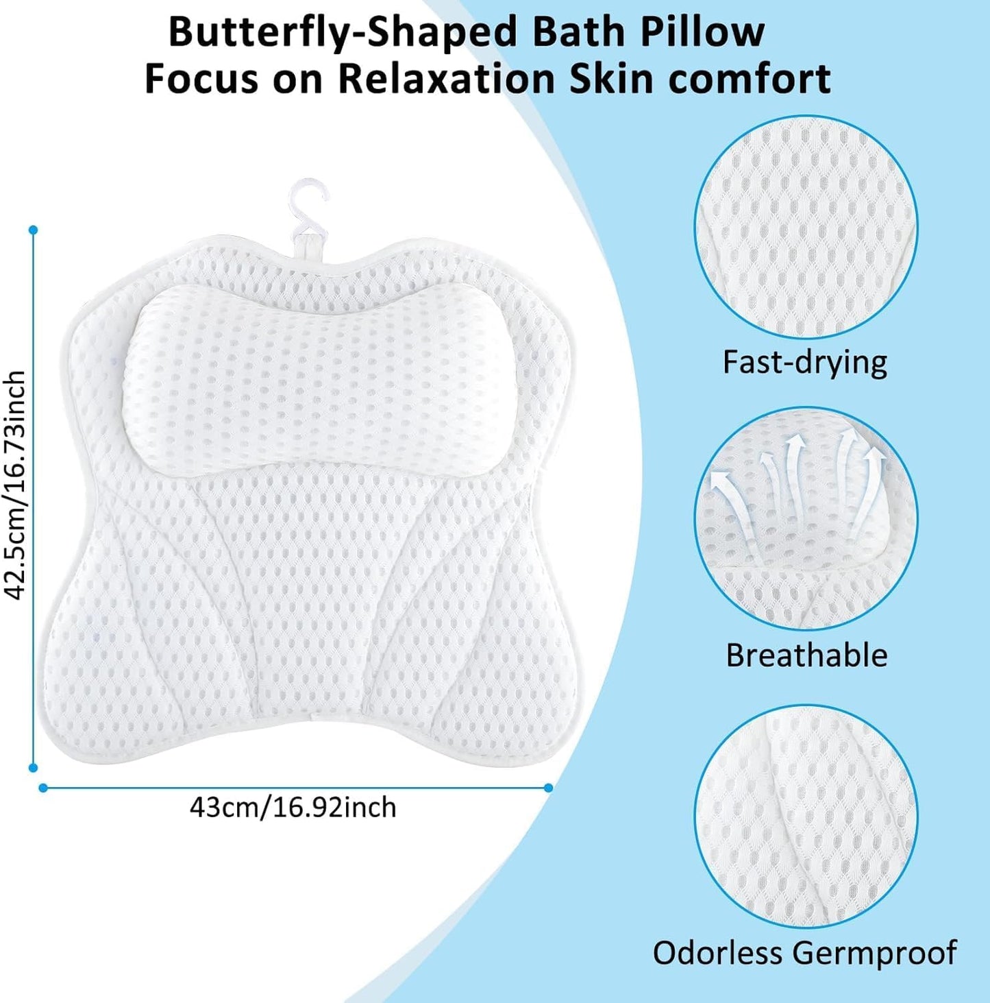 Bath Pillow, 4D Bath Pillows Spa Headrest with 6 Non-Slip Suction Cups for Neck, Back, and Shoulders, Quick-Drying Bath Accessories for Home Relaxation (White)
