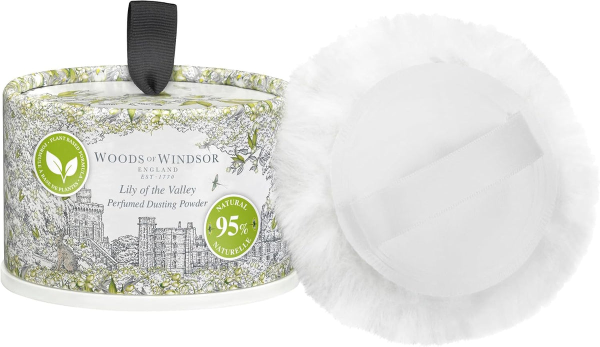 Woods of Windsor Lily of the Valley Dusting Powder with Body Puff Floral Talc Alternative Body Powder for Odour Control & Chafing Prevention, 95% Naturally Derived, Vegan & Cruelty Free 100g