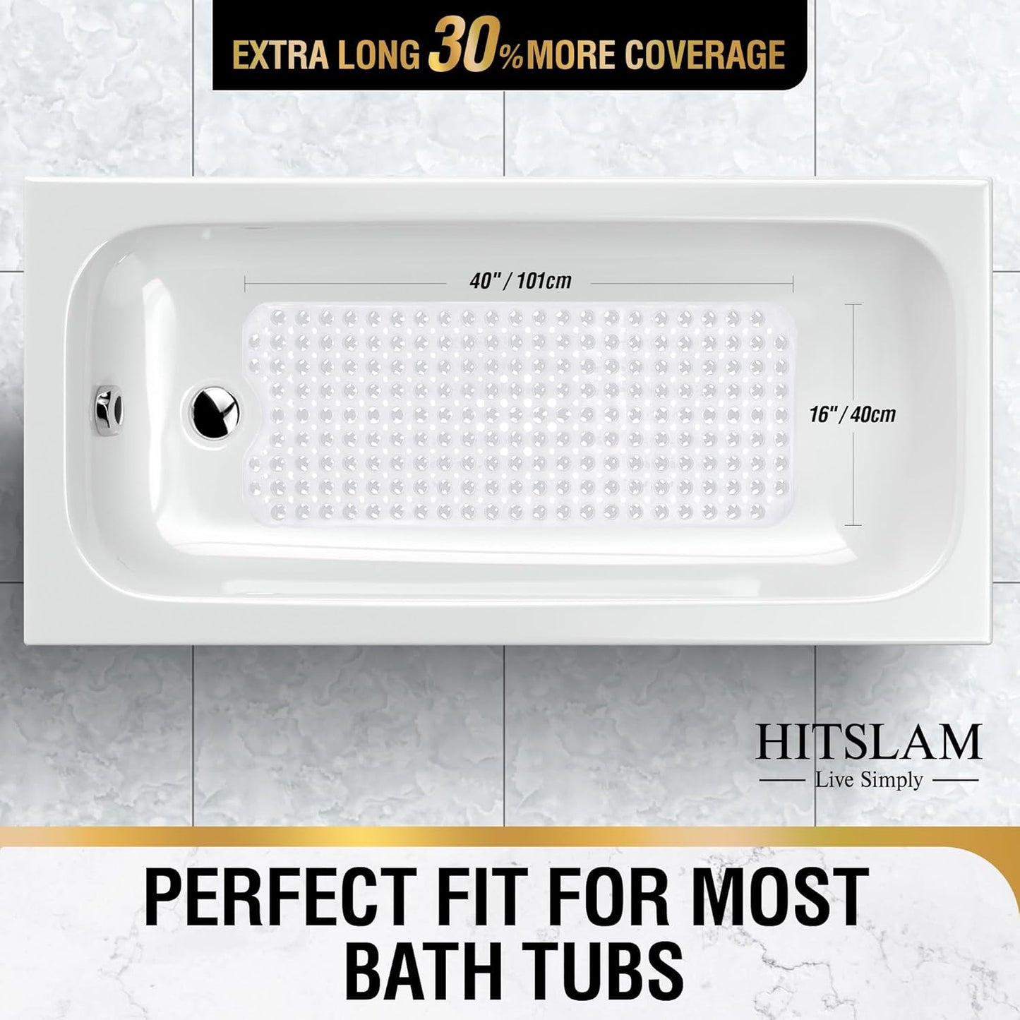 HITSLAM Non Slip Bath Mat for Tub, 101 x 40cm Extra Long Shower Mat Anti Mould, Machine Washable Bathroom Bathtub Mat with Suction Cups and Drain Holes, Soft on Feet, Clear