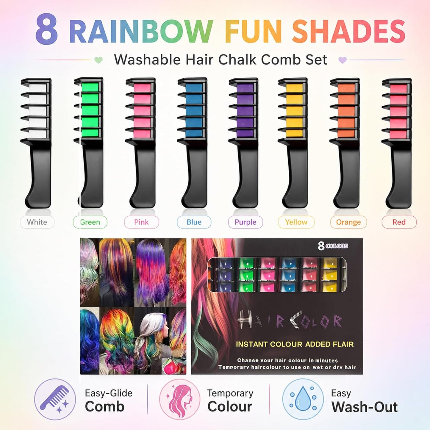 8PCS Rainbow Fun Washable Hair Chalk Comb Set - Easy-Glide Temporary Hair Colour for Layered Rainbow Streaks, Creative Festival Looks, Wash-Out Party Styling & Colourful Weekend Fun