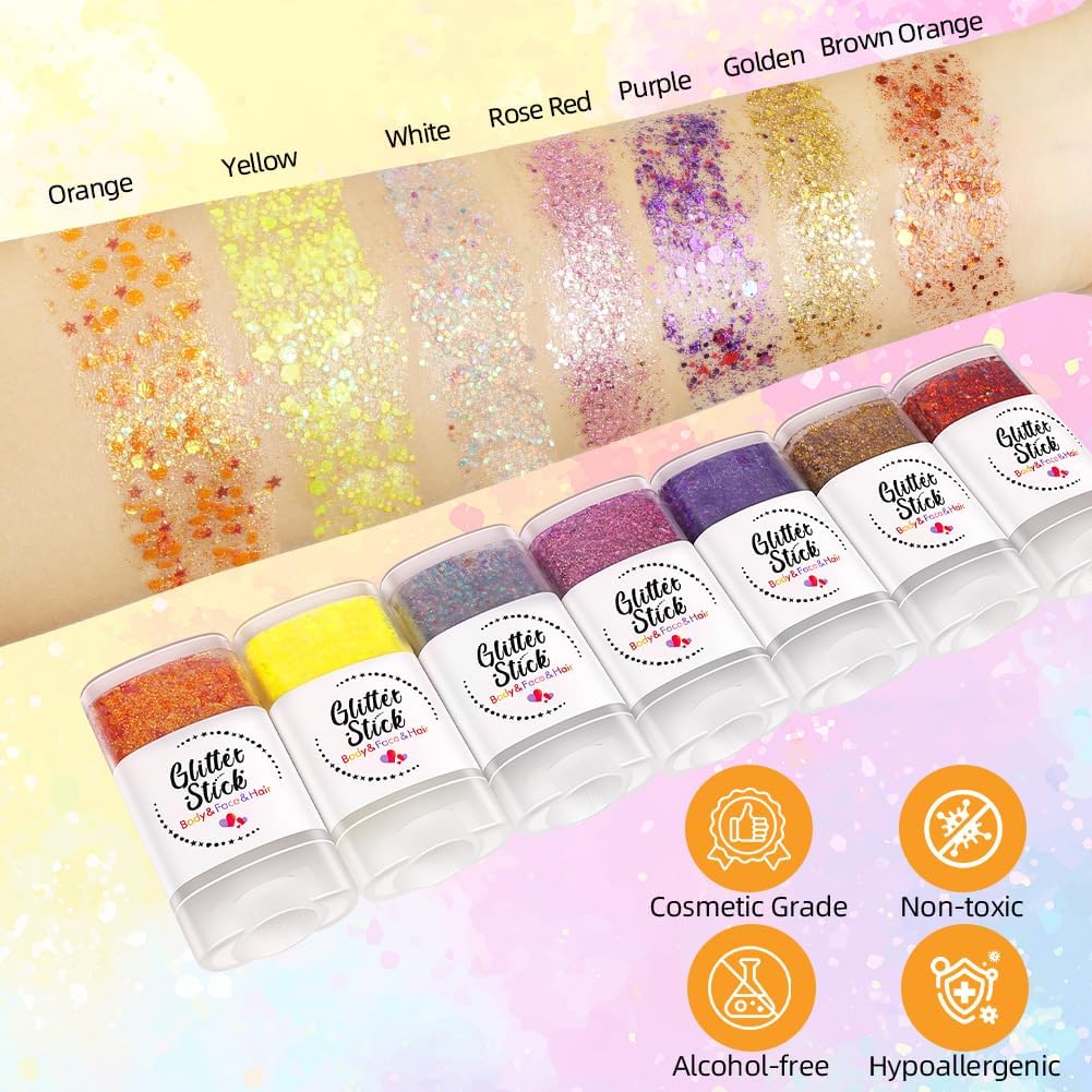 Beugo Body Glitter Stick, 16ml Chunky Mermaid Sequins Body Glitter Gel, Holographic Hair Glitters, Shimmer Face Paint Stick for Festival Rave Halloween Glitter Makeup(Brown-orange)