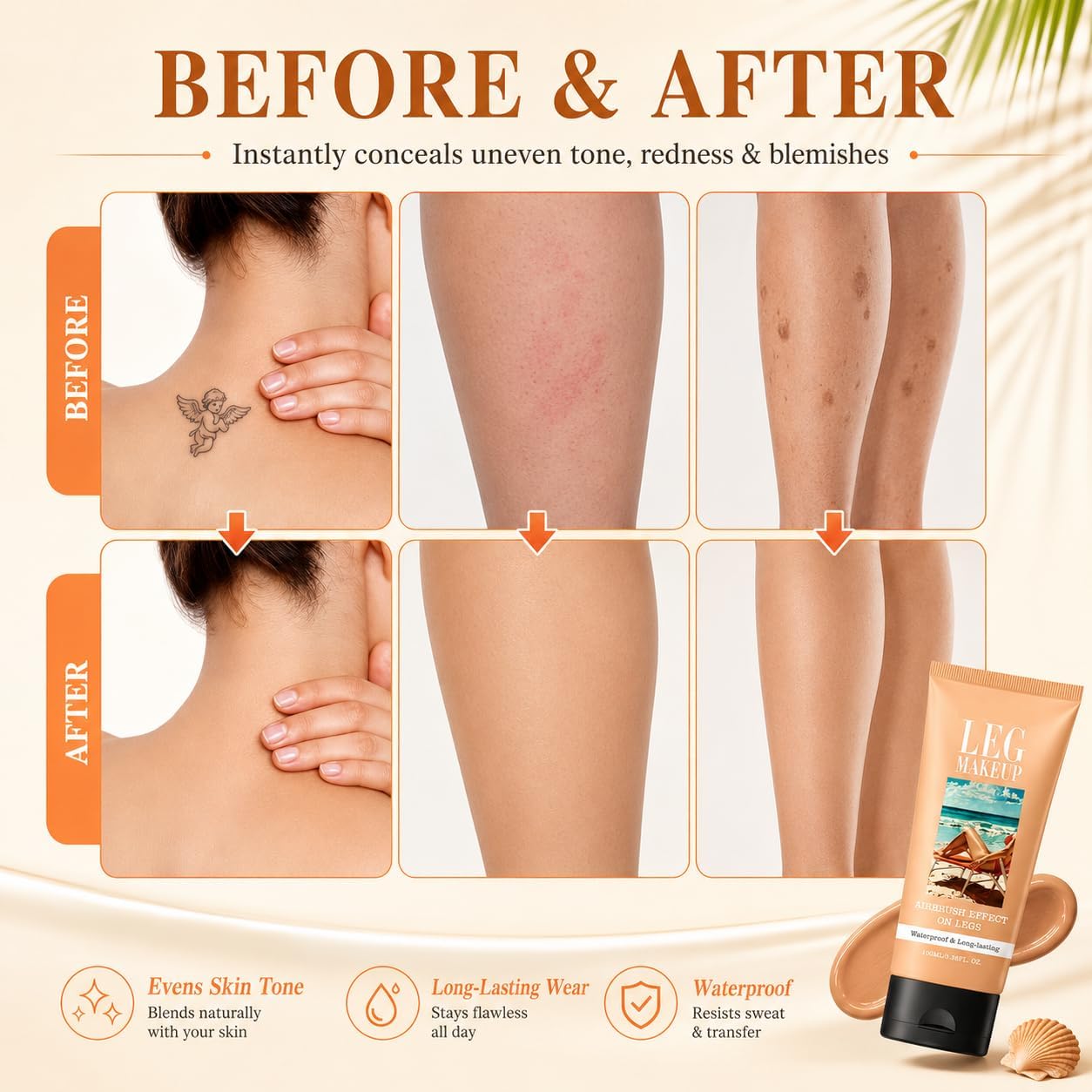 Body Coverage Perfector Waterproof, Leg Makeup Tattoo Cover Up Cream Full Coverage Foundation with Large Brush for Daily Wear