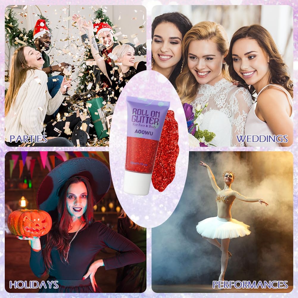 AOOWU Roll-on Body Glitter Gel,50ml Holographic Mermaid Sequins Small Glitter Face Body Gel,Sparkling Festival Party Lotion Glitter for Face Body Eye Hair Nail DIY Art,Vegan,Cruelty-Free,Red