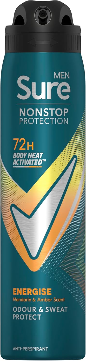 Sure Men Nonstop Protection Energise Deodorant Body Spray Antiperspirant with body heat activated technology for 72 hour protection against odour and sweat 250 ml, Pack of 6