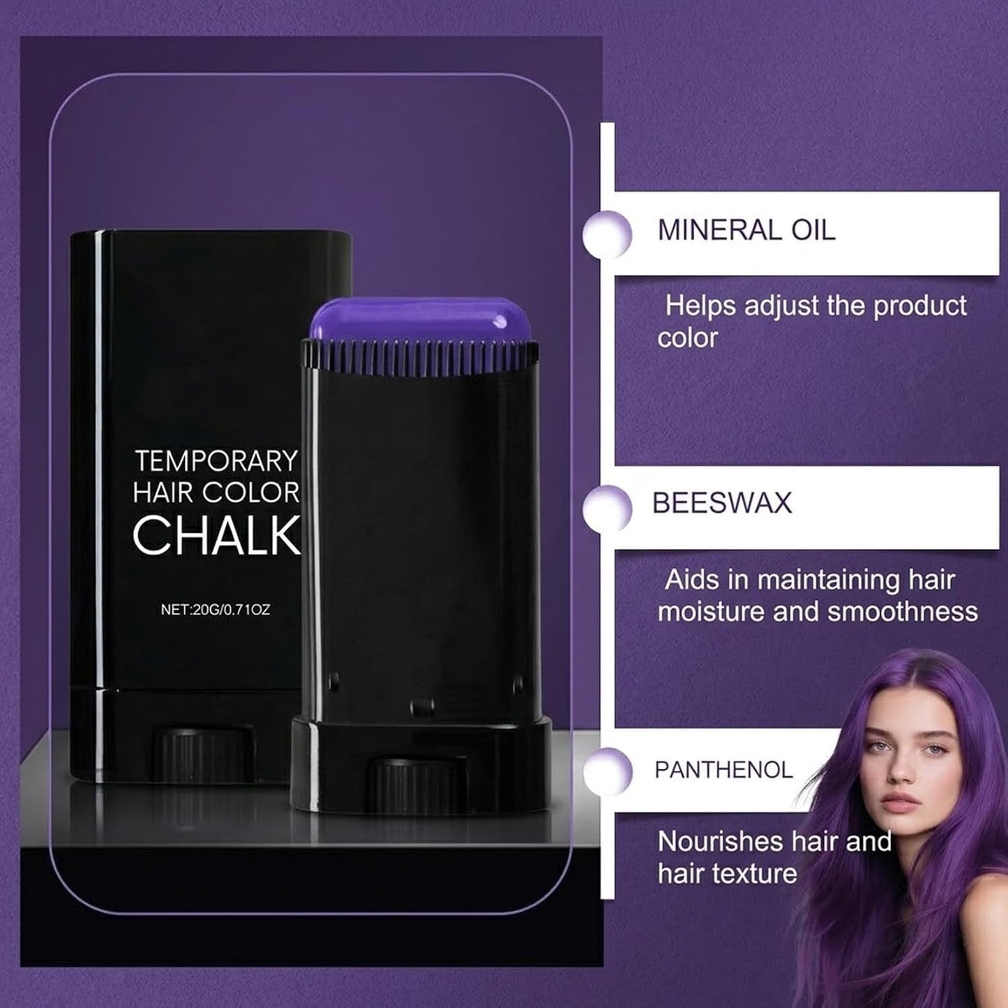 Purple Temporary Hair Colour Stick Comb, Retractable Washable Hair Chalk for Instant Styling, Halloween, Cosplay, Parties, Festivals & Creative Looks (Purple)