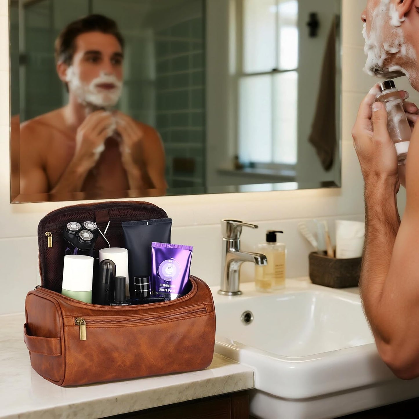 Mens Toiletry Bags,Personalised Gifts for Men Dad,Personalised PU Leather Mens Wash Bag with Initial Hanging Toiletry Bag Xmas Birthday Gifts (Initial-J, Light Brown)
