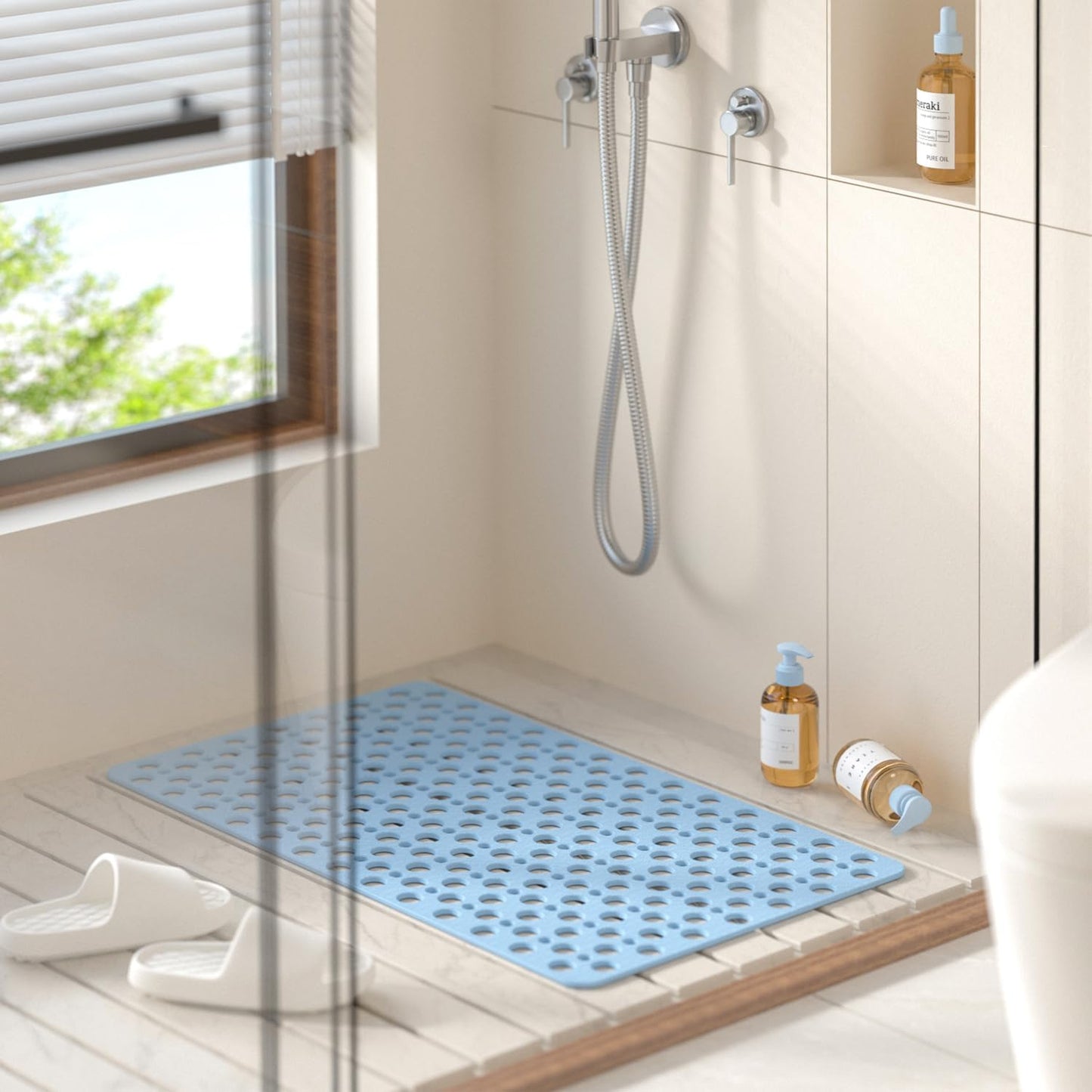 HITSLAM Bath Mat Non Slip Anti Mould, 70 x 38cm TPE Shower Mat for Bathtub & Shower, Machine Washable with Large Drain Holes and Strong Suction Cups, Fast Draining, Blue