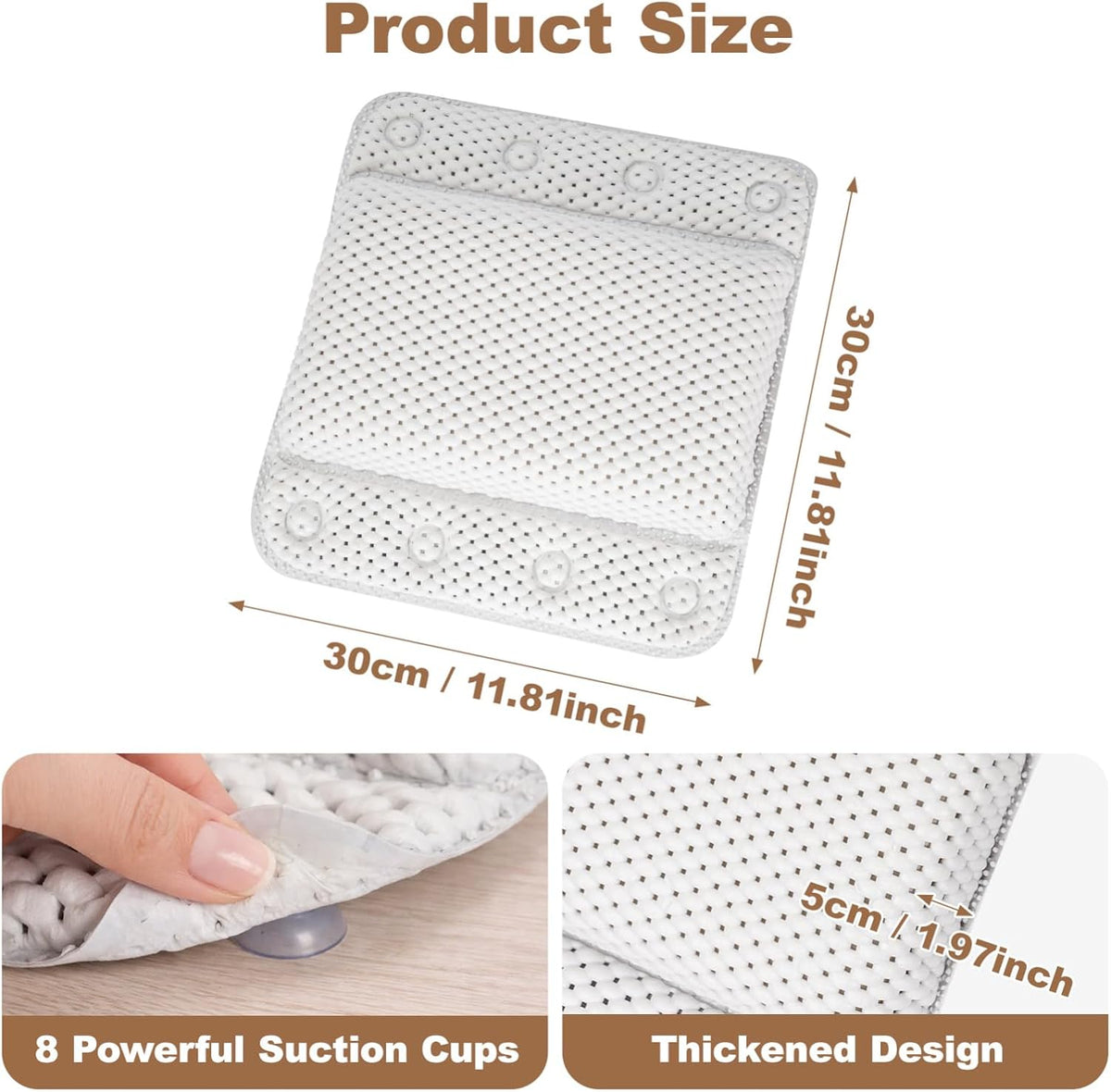 Bathtub Pillow Spa Bath Pillow Soft Cushioned Spa Headrest with 8 Non-Slip Suction Cups, Waterproof PVC & Air Quilted Mesh, Support Neck & Back for Relaxing Bath White