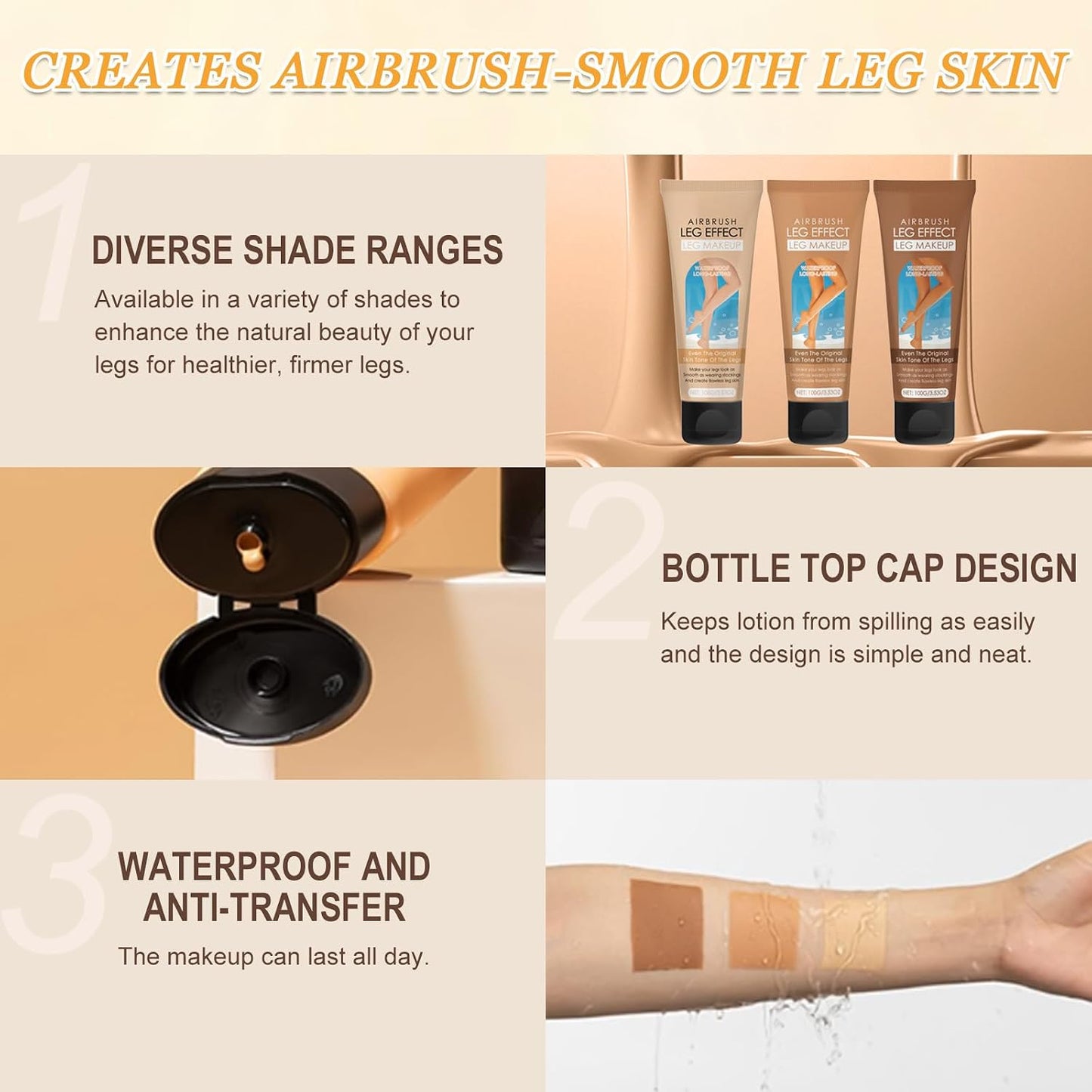 Waterproof Leg Makeup, No Transfer Full Coverage Body Foundation - Flawless Lotion for Veins, Scars, Tattoo Cover Up and Even Skin Tone (Fairest Glow)