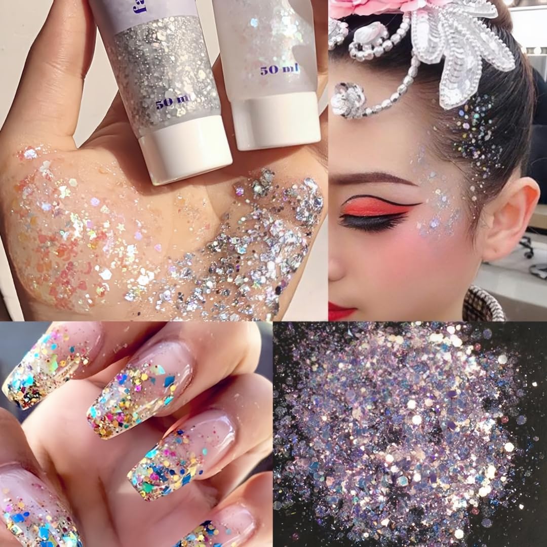 Blue Body Glitter Gel, 50ml Hair Glitters, Face Sequins Shimmer Liquid Eyeshadow, Mermaid Sequins Festival Glitter Chunky Glitters for Eye Hair Lip Nail DIY Art Party (Blue)