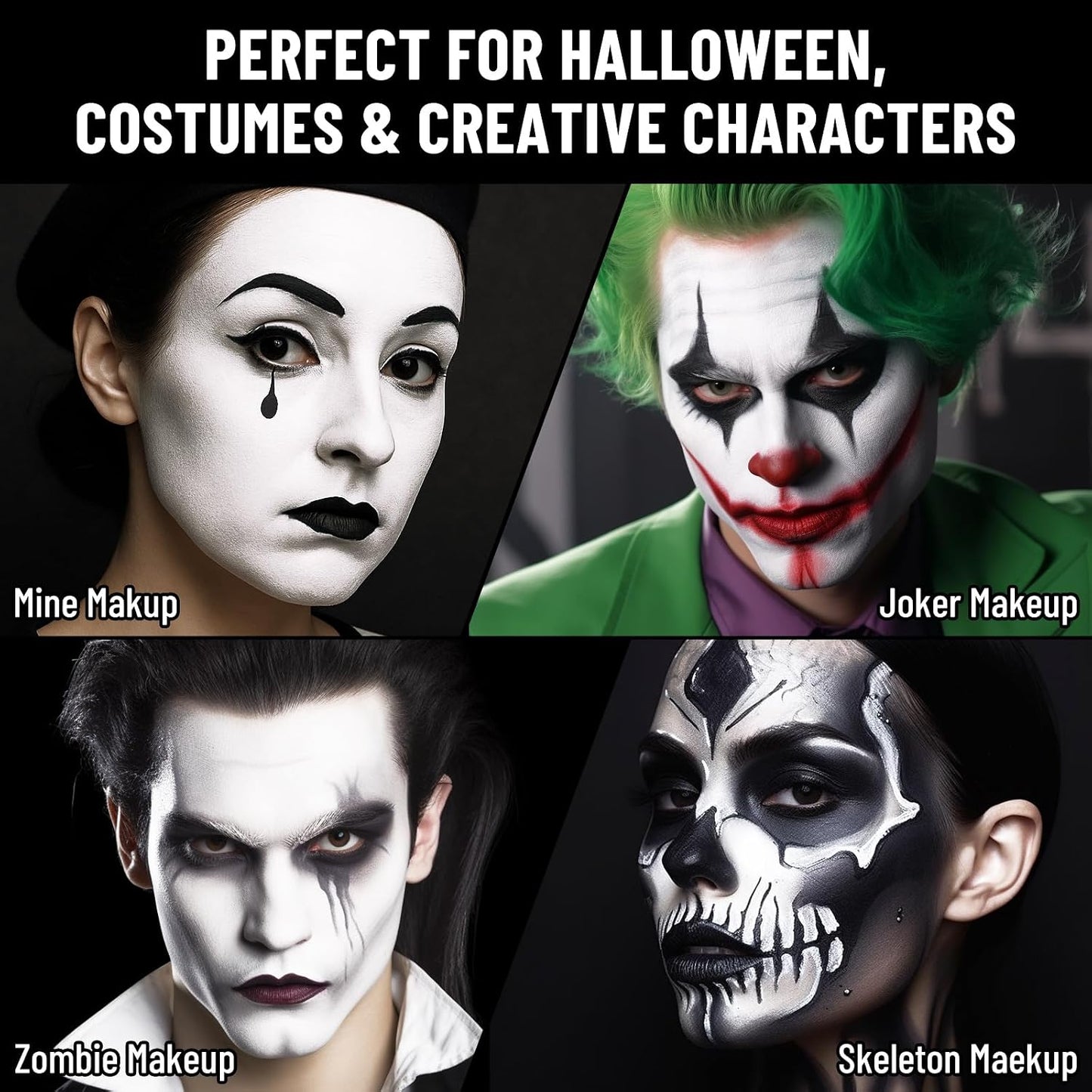 BOBISUKA Halloween Cosplay SFX Makeup Black + White Face Body Paint Special Effects Makeup Kit Dress Up Non Toxic Face Painting Kits for Adult Full Coverage Face paint Fx Make Up