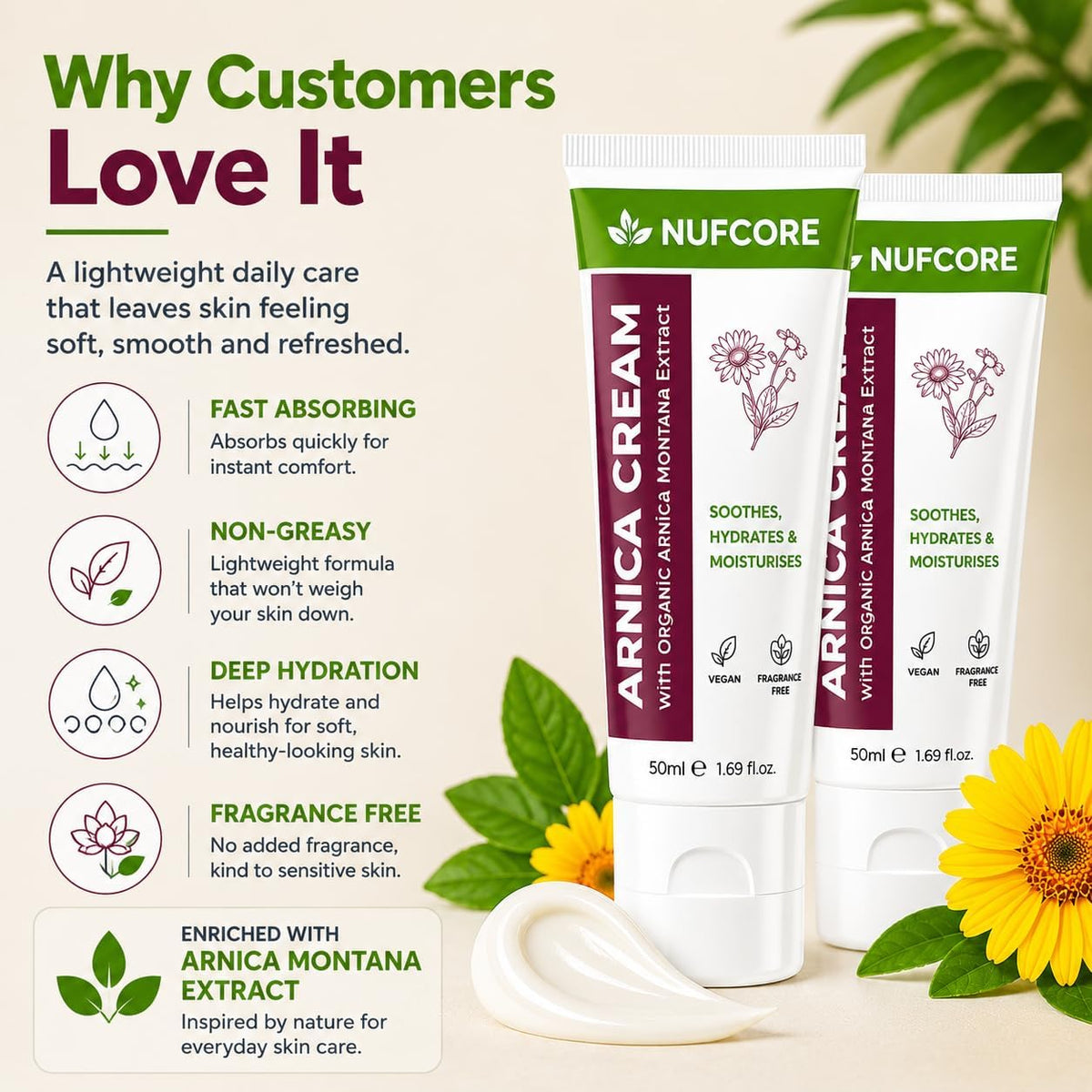 Arnica Cream – 2 x 50ml Twin Pack | Organic Arnica Montana Extract, Almond Oil & Cocoa Butter | Fast Absorbing, Soothing & Moisturising