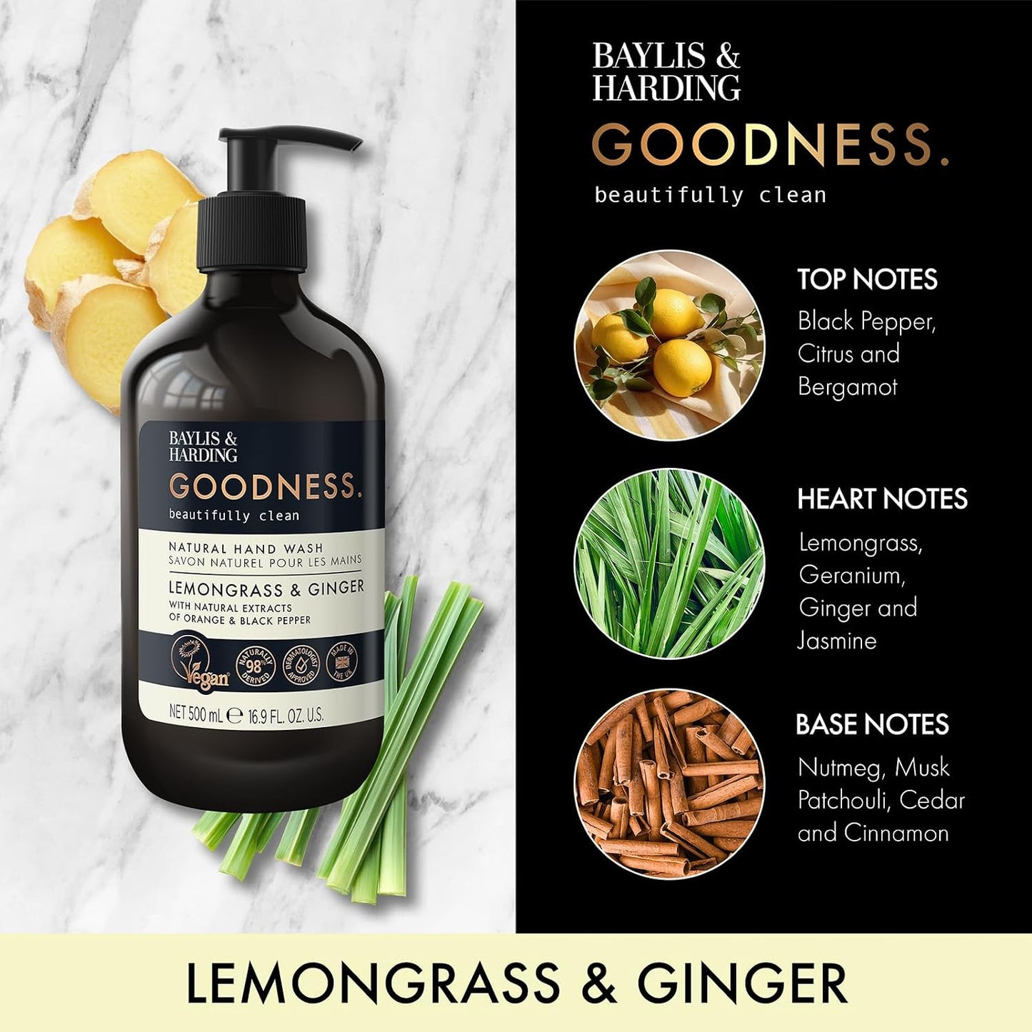 Baylis & Harding Goodness Lemongrass & Ginger Hand Wash, 500 ml (Pack of 3) - Vegan Friendly