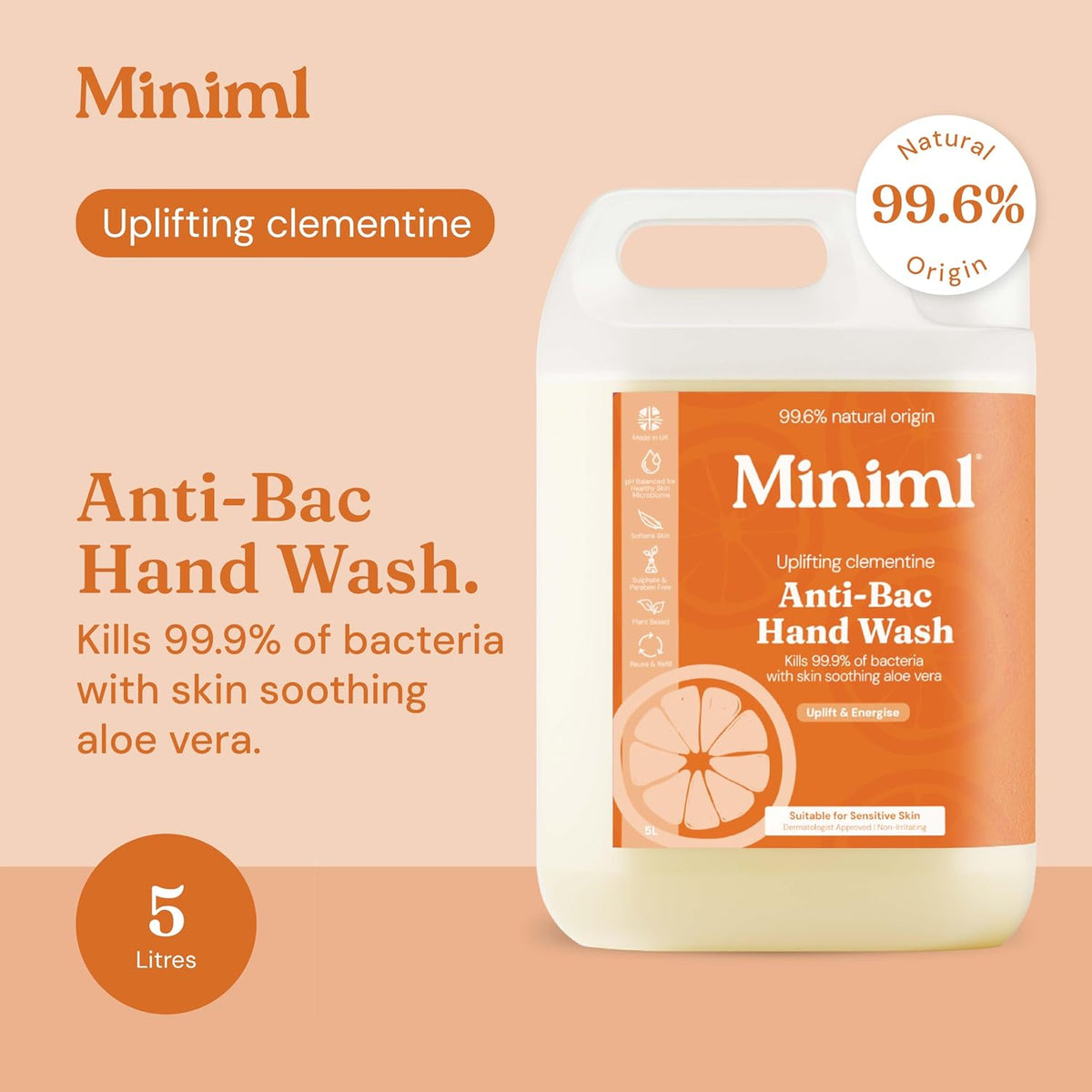 Miniml Antibacterial Hand Wash Soap 5L Refill - Natural Clementine Scented Eco Friendly Hand and Body Washing Liquid Gel for Soft and Sensitive Skin Care - 100% Vegan & Cruelty Free