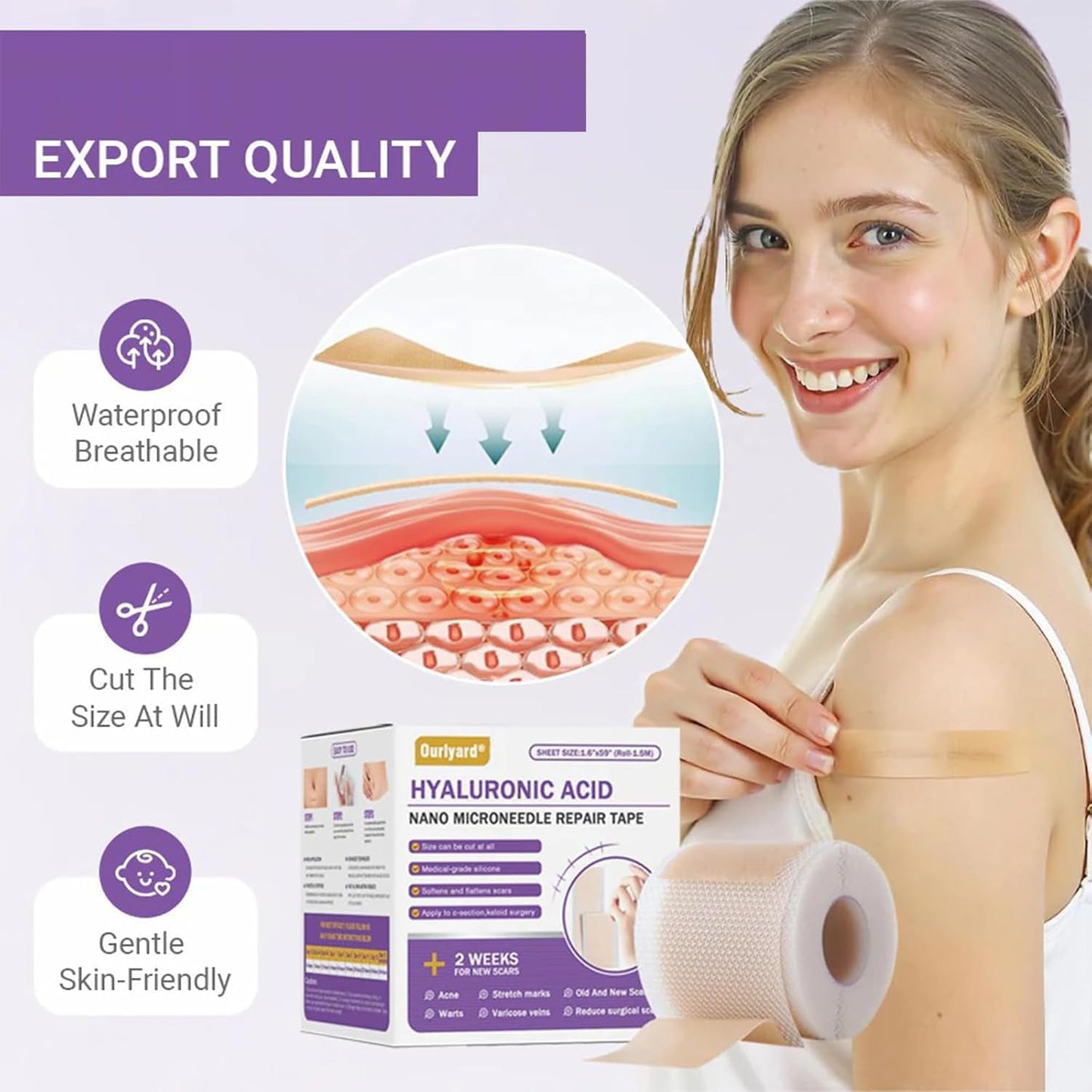 Bostore Hyaluronic Acid Nano Microneedle Repair Tape, Hyaluronic Acid Nano Repair Tape, Bostore Repair Tap, Extra Long Silicone Scar Sheets, Gentle and Skin-Friendly, Daily Care (4pcs)