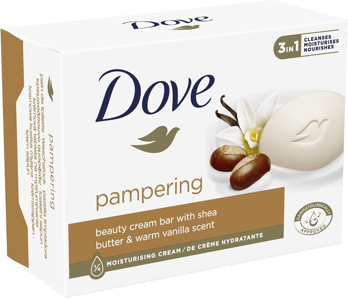 Dove Beauty Cream Bar Pampering Shea Butter Hand Soap with 1/4 Moisturising Cream for Soft and Smooth Skin Feeling 90 g
