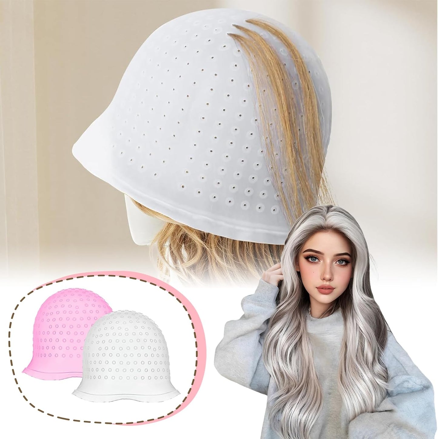 6 Pcs of Highlighting Cap, Highlighting Kit with Hook and Coloring Brush, Hair Highlighting Kit, Reusable Silicone Hat for Beauty Salons, Suitable for Men and Women'S Hair Dyeing with Highlighting Cap