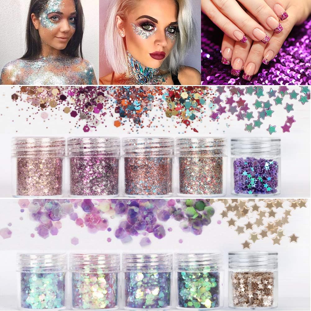 10 Face Glitter Cosmetic Reflective Chunky Cosmetic Glitter for Face Body and Hair(Includes Long Lasting Fix Gel and brush) Festival and Party Beauty Makeup (10 Color)
