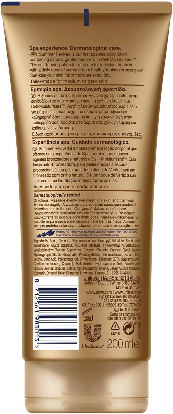 Dove Derma Spa Summer Revived Medium to Dark Skin Body Lotion, Tanning Moisturiser, Gradual Tan Moisturiser, Skinny, Self, Face with Aloe Vera Extract and Hydrating Glycerin (Pack of 2)