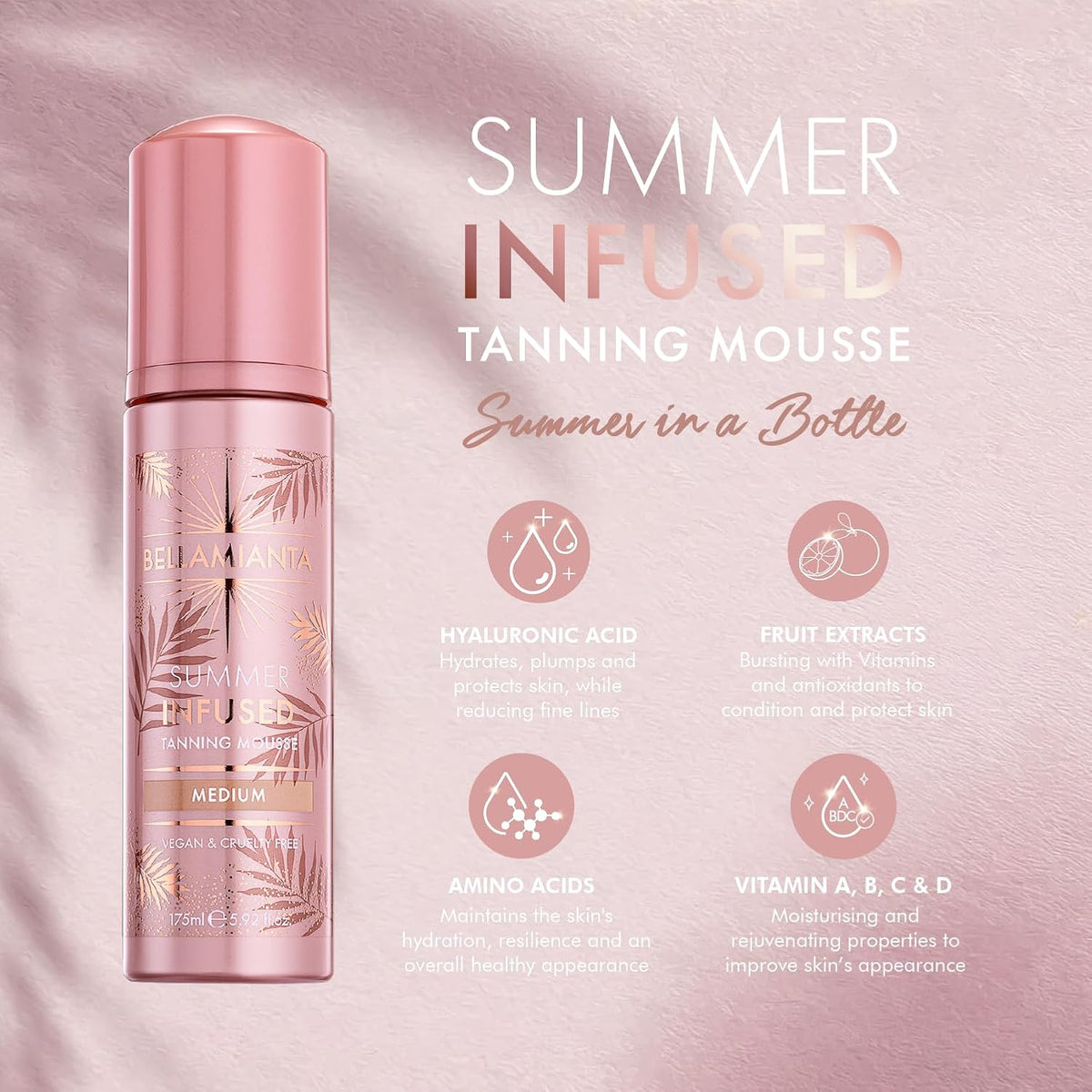 Bellamianta Summer Infused Luxury Tanning Mousse, Hyaluronic Acid and Superfruit Formula, Medium Tone, Vegan & Cruelty-Free, 175ml (Pack of 2)