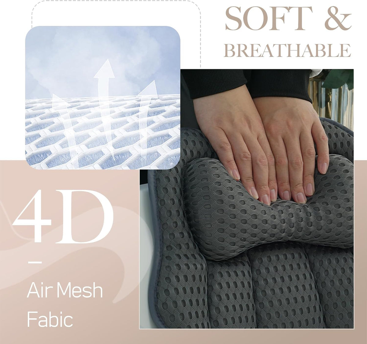 Luxury Bathtub Pillow, 4D Air Mesh Fabric for Breathability & Quick-Drying, Extra Thick Spa Cushion for Head, Neck, Back Support, Non-Slip Tub Pillow with Strong Suction Cups (Gray)