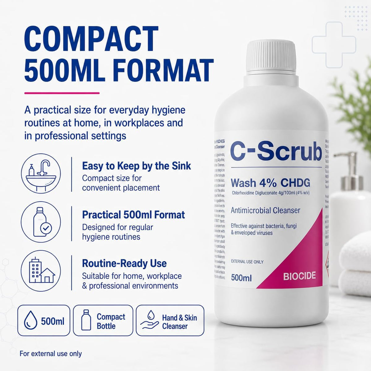 Wash Chlorhexidine 4% w/v | 500ml | Anti-Microbial Hand, Skin Cleanser | Pump Dispenser | Antibacterial Wash