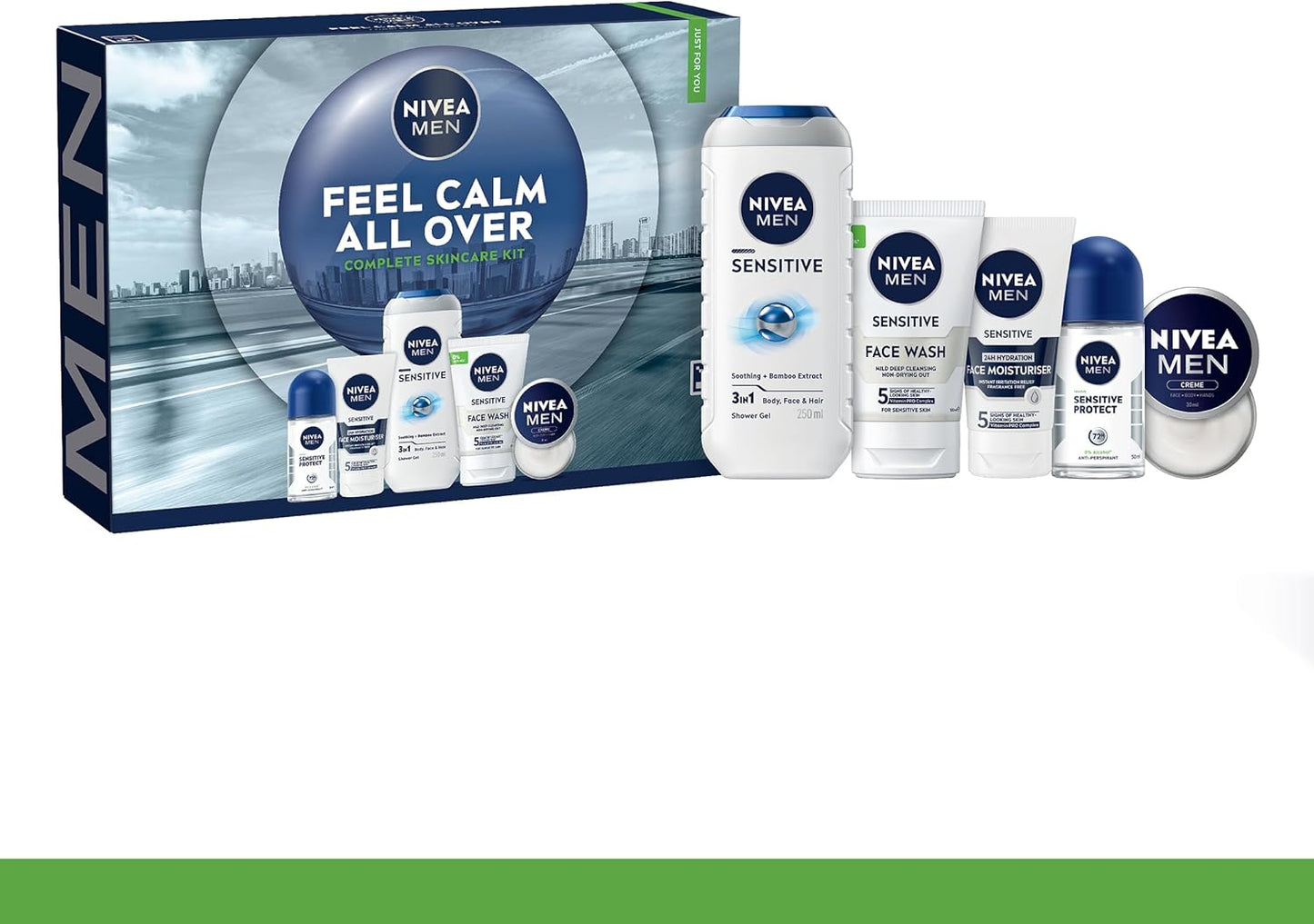 NIVEA MEN Feel Calm All Over Skincare Gift Set (5 Products) - Men Gift Set for Sensitive Skin - Includes Shower Gel, Face Wash, Face Moisturiser, Creme, and Anti-Perspirant