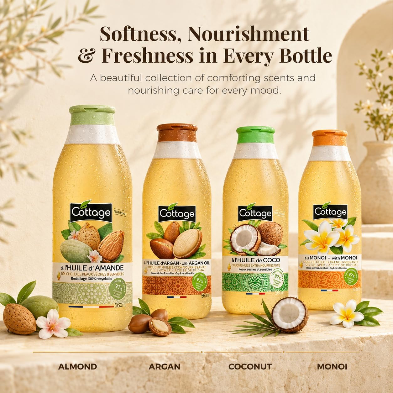 Cottage Almond Shower Oil - 560ml | 97% Natural Ingredients & Glycerin | Paraben-Free, Dermatologically Tested | Extra-Nourishing & Moisturising Cleansing Oil Body Wash for Dry & Sensitive Skin