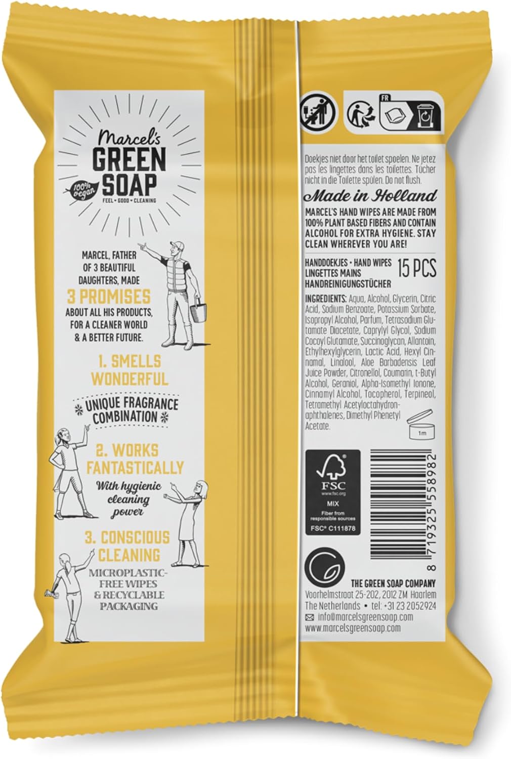 Marcel's Green Soap - Hygienic Hand Wipes Vanilla & Cherry Blossom - Microplastic-free formula - Vegan - 15 wipes