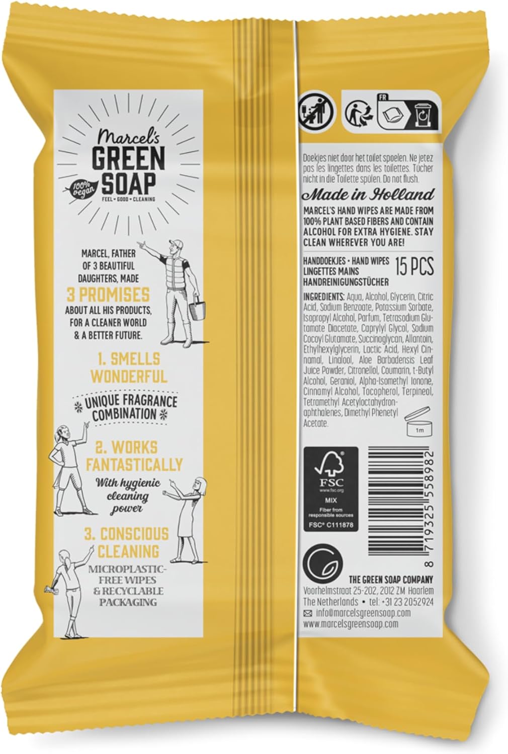 Marcel's Green Soap - Hygienic Hand Wipes Vanilla & Cherry Blossom - Microplastic-free formula - Vegan - 15 wipes