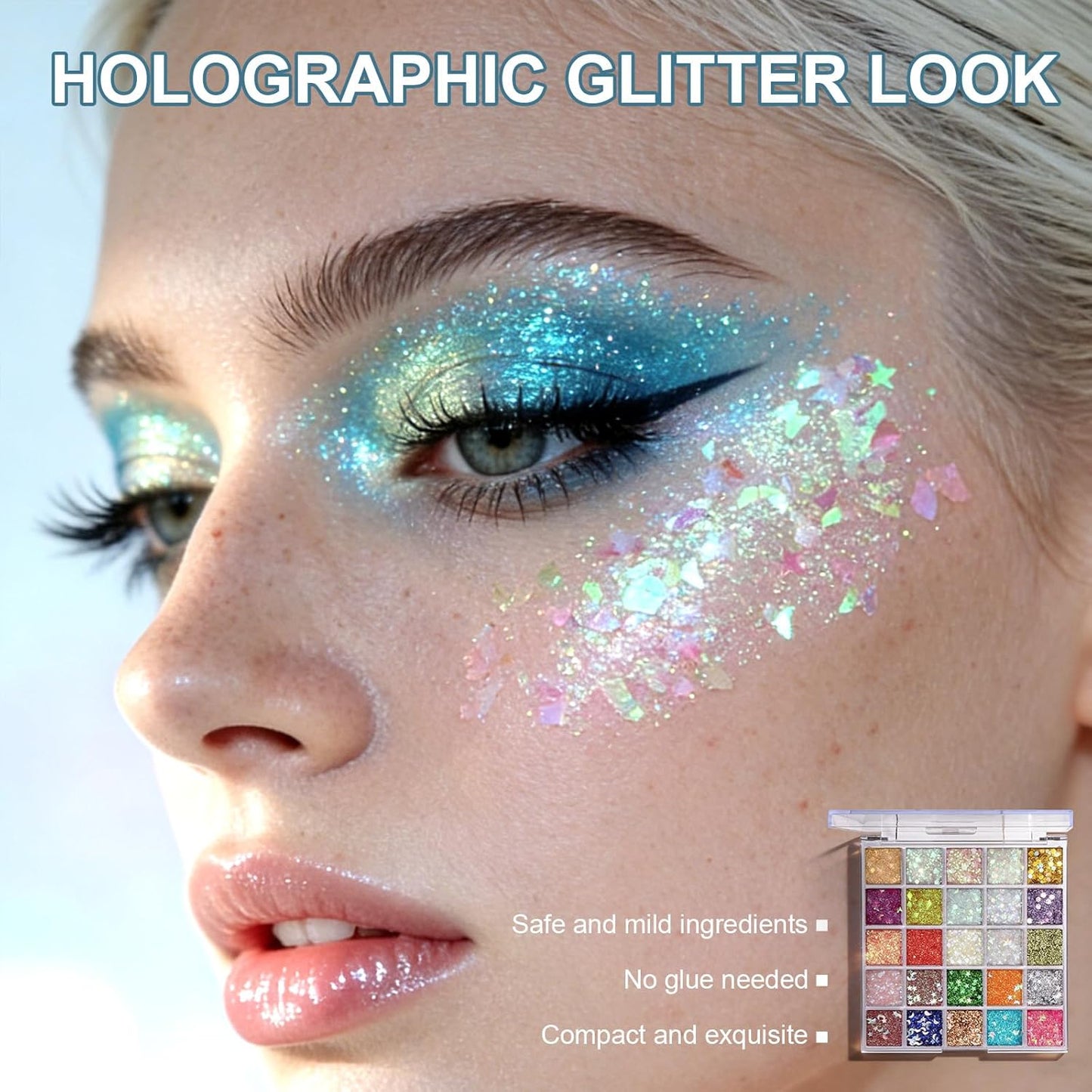 Prreal 25 Colors Body Glitter Gel Palette, Mermaid Holographic Glitter Gel,Face Hair Body Shimmer Chunky Sequins,Girls Women Party Carnival Halloween Festival Accessories