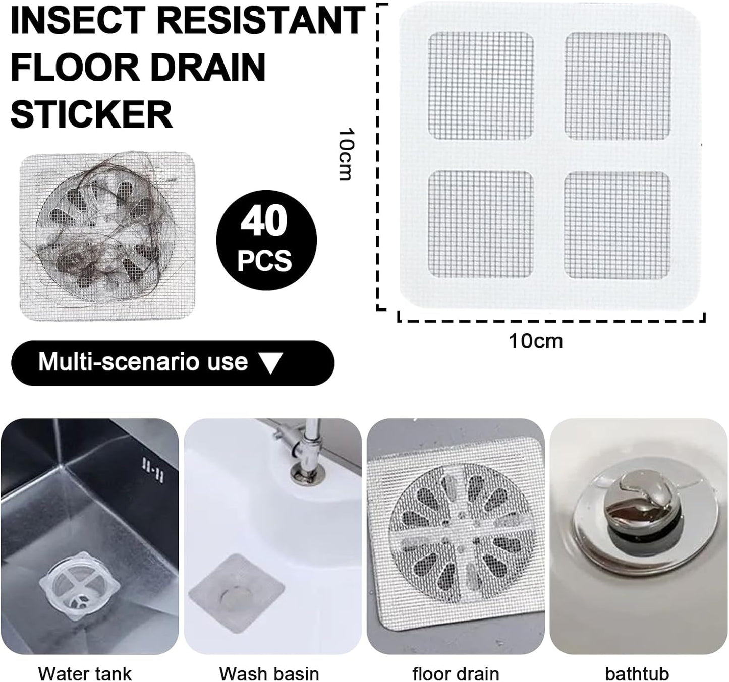 Drain Hair Catcher 10cm x 10cm, Shower DrainCover Hair Catcher/Shower Drains Mesh Sticker For Shower Drains Disposable Hair Sticker Rectangle ShowerDrain Mesh for Bathroom Kitchen(40PCS)