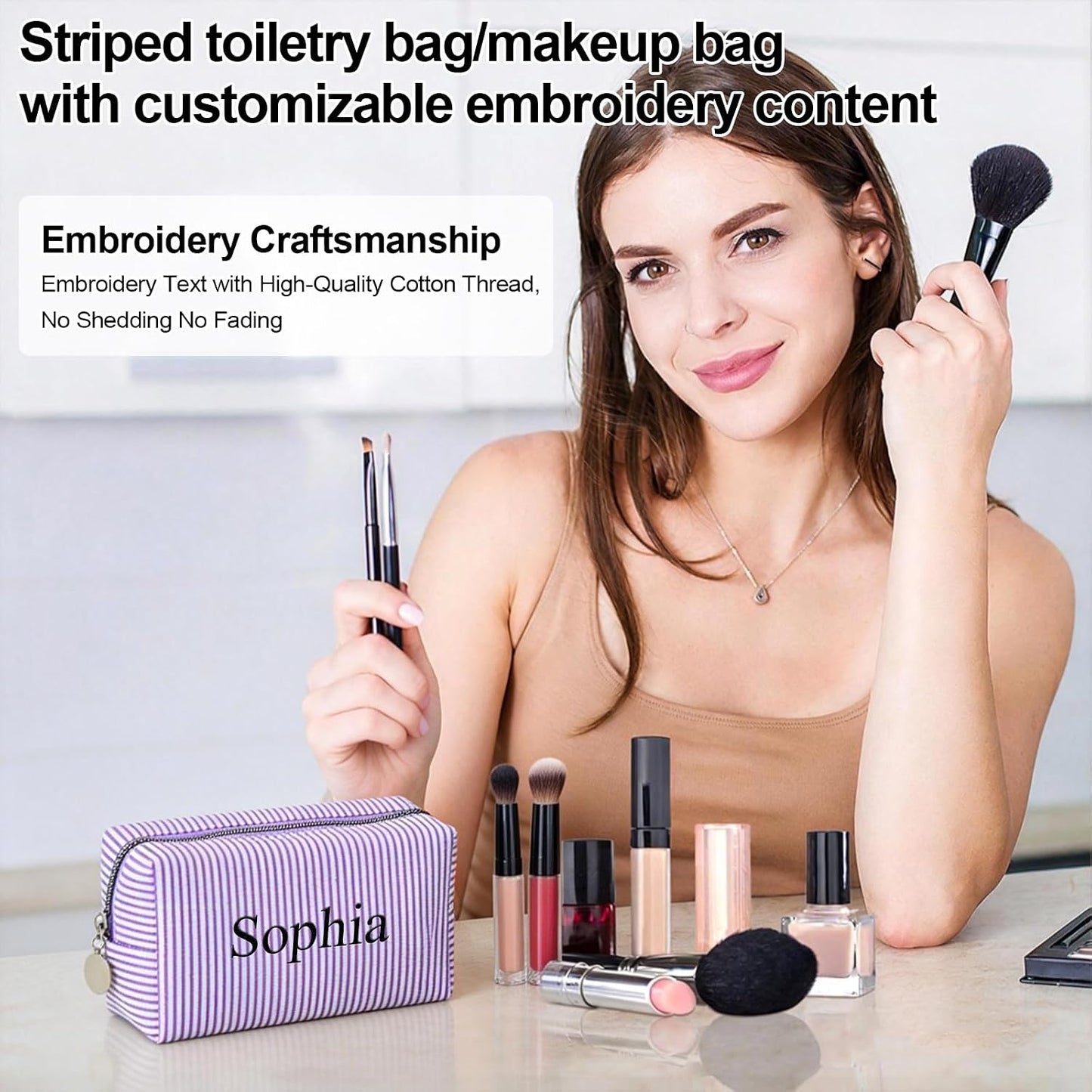 Personalised Stripe Makeup Bag, Custom Embroidered Name Cosmetic Bag, Portable Travel Toiletry Bag, Monogrammed Wash Bag, Gift for Women Bridesmaid Birthday Mother's Day (Pink)