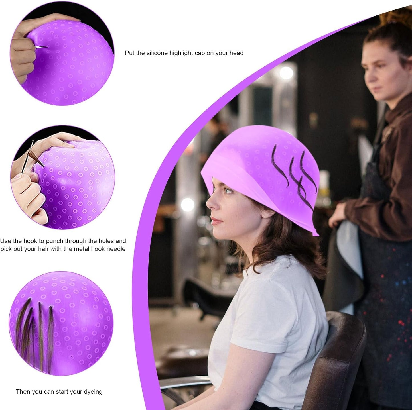 SKHAOVS 7 Pcs Silicone Highlight Cap Kit, Punched Hole Silicone Highlight Hair Cap with Needle Highlighting Frosting Cap for Color Salon Silicone Hairdressing Tools for Women Girls (Purple)