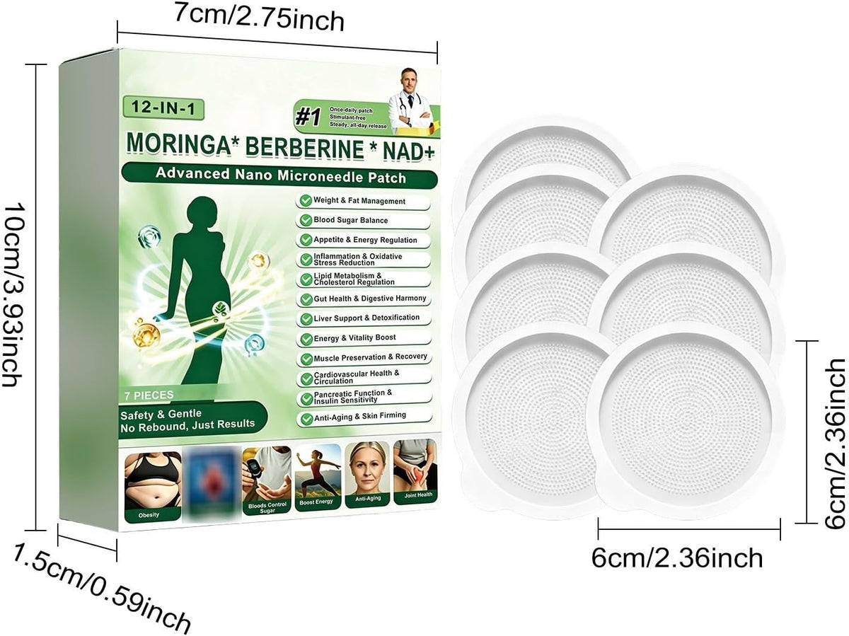 Moringa x Berberine Patch 12 in 1, Nano Microneedle Slimming Patch, Berberine Weight Loss Natural Ingredients, Easy to Apply, Invisible Under Clothes, Ideal for Men and Women