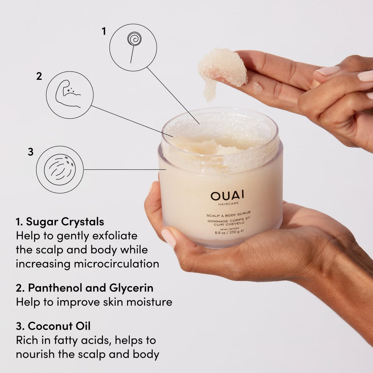 OUAI Scalp & Body Scrub - Melrose Place - Exfoliating Body Polish with Sugar & Coconut Oil Blend for Smooth, Moisturized Skin - Gentle Scalp Exfoliator for Removing Product Build Up (250g)