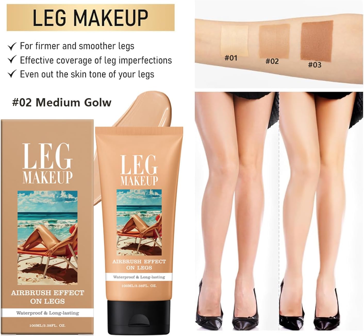 Waterproof Leg Makeup without Transfer with Extra Large Body Makeup Brush, Tattoo Cover for Varicose Veins/Scars, Skin Perfecting Body Foundation, Balances Skin (Medium Glow)