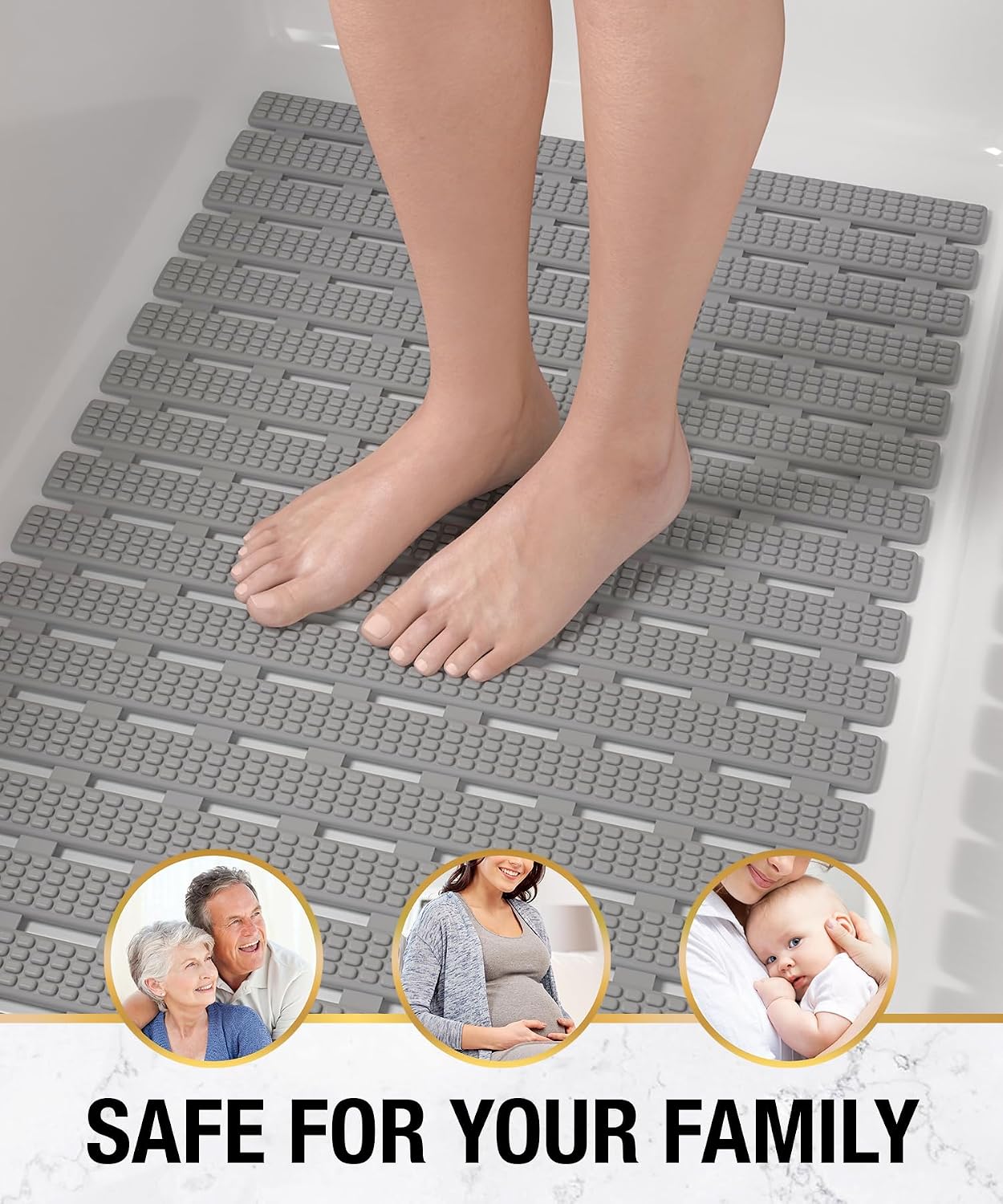HITSLAM Bath Mat Non Slip Anti Mould, 68x38CM Shower Mats for Inside Shower, Quick Drain TPE Bathtub Mat with Suction Cups, Bathroom Accessories, Durable & Comfortable, Grey