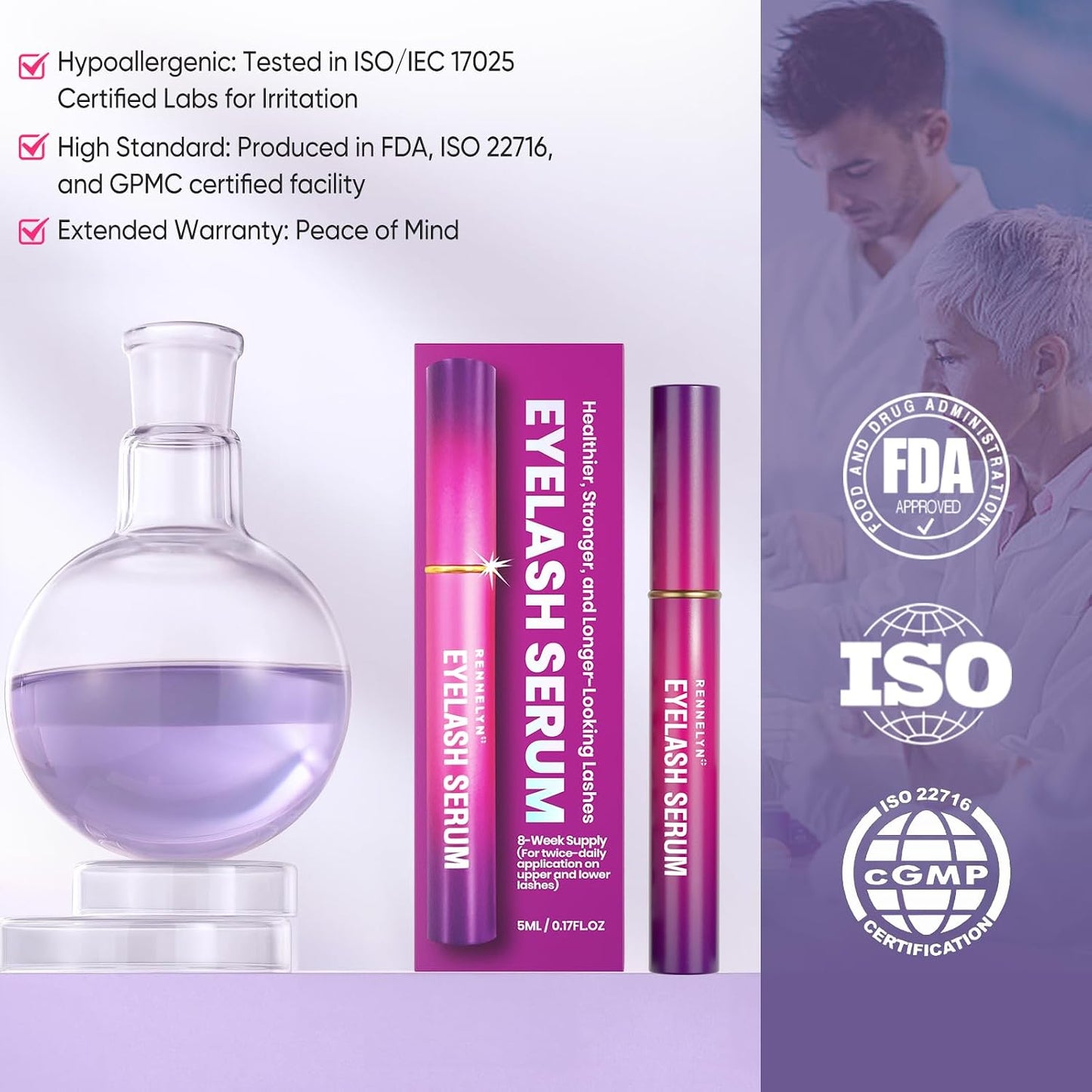Eyelash Serum Lash Growth Enhancer: Advanced Natural Formula for Long Thickening Eyelashes (Magenta, 5 ml)