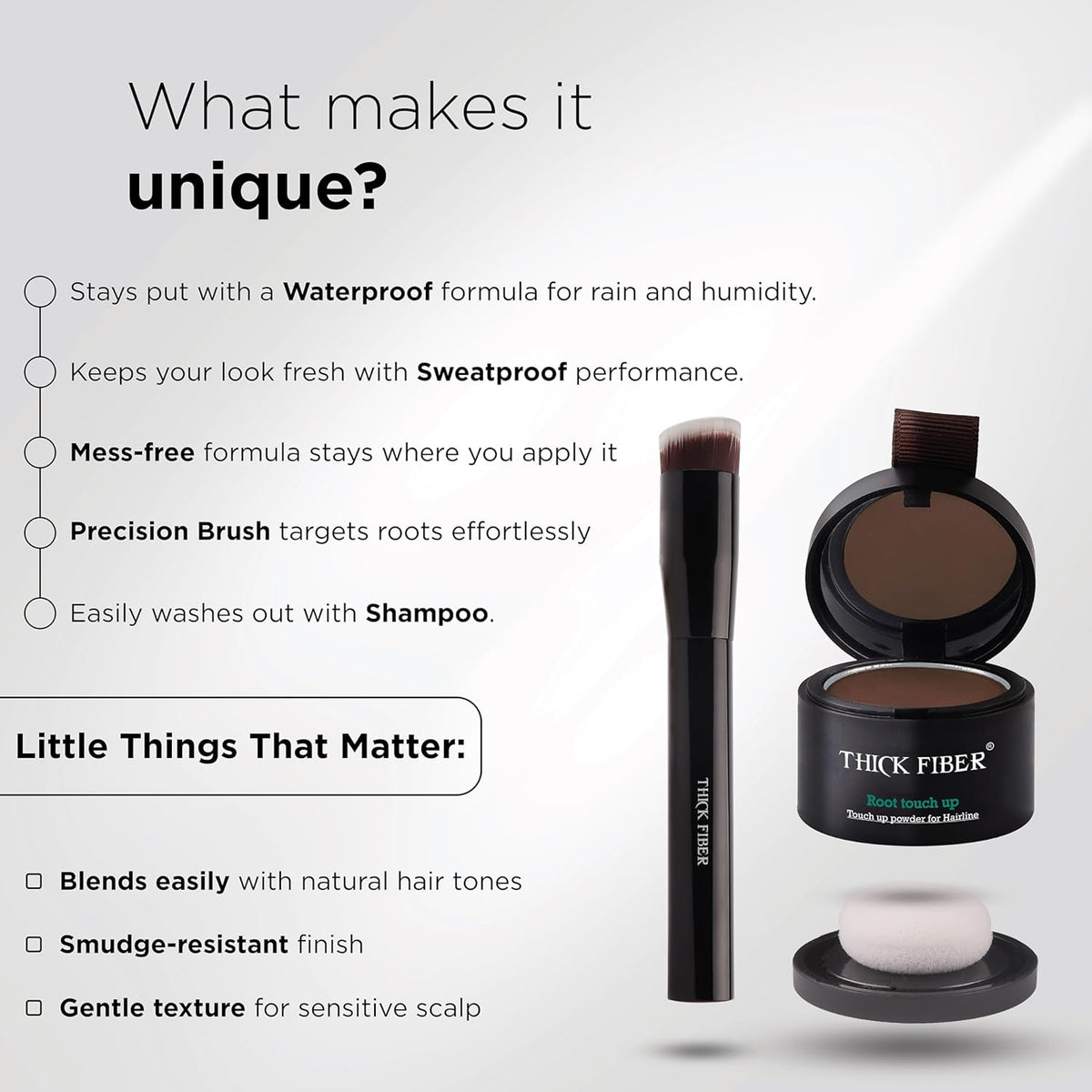 THICK FIBER Root Touch Up & Hairline Powder with Brush 4g – Covers Grey Roots & Thinning Hair – Sweat & Water Resistant – Hair Concealer for Bald Spots & Fill-In (Dark Brown) for Women & Men