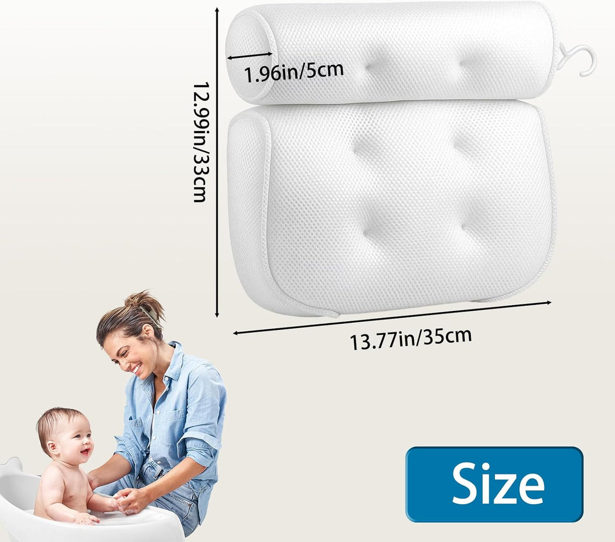 Bath Pillows for Head and Neck, Waterproof Bath Cushion with 6 Suction Cups, Soft Bathtub Pillow for Relaxing Bath, Fits Most Bathtubs (White, 35x33x5cm)