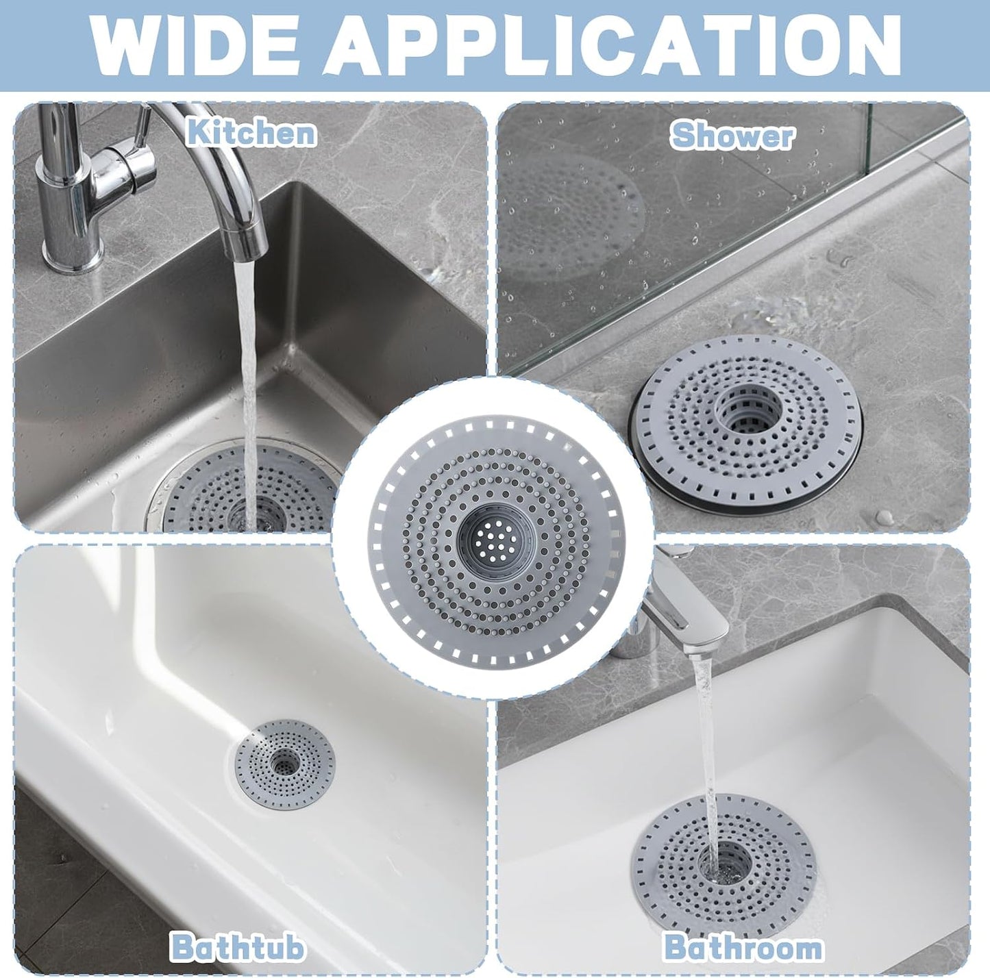 2 Pack Silicone Shower Drain Hair Catcher, Hair Stopper Drain Cover, Sink Strainer Filter, Anti-Clog Hair Catcher for Bathroom Bathtub Kitchen, Grey, Easy to Install & Clean