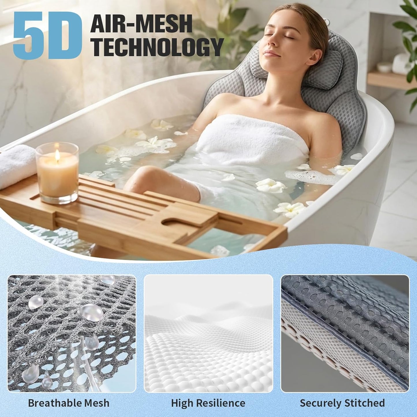 Full Body Bath Pillow for Bathtub, with Removable Lumbar Pillow, Tub Pillow for Neck, Waist, Hip Support, Pressure Relief, Ideal for Bathtub Soaking
